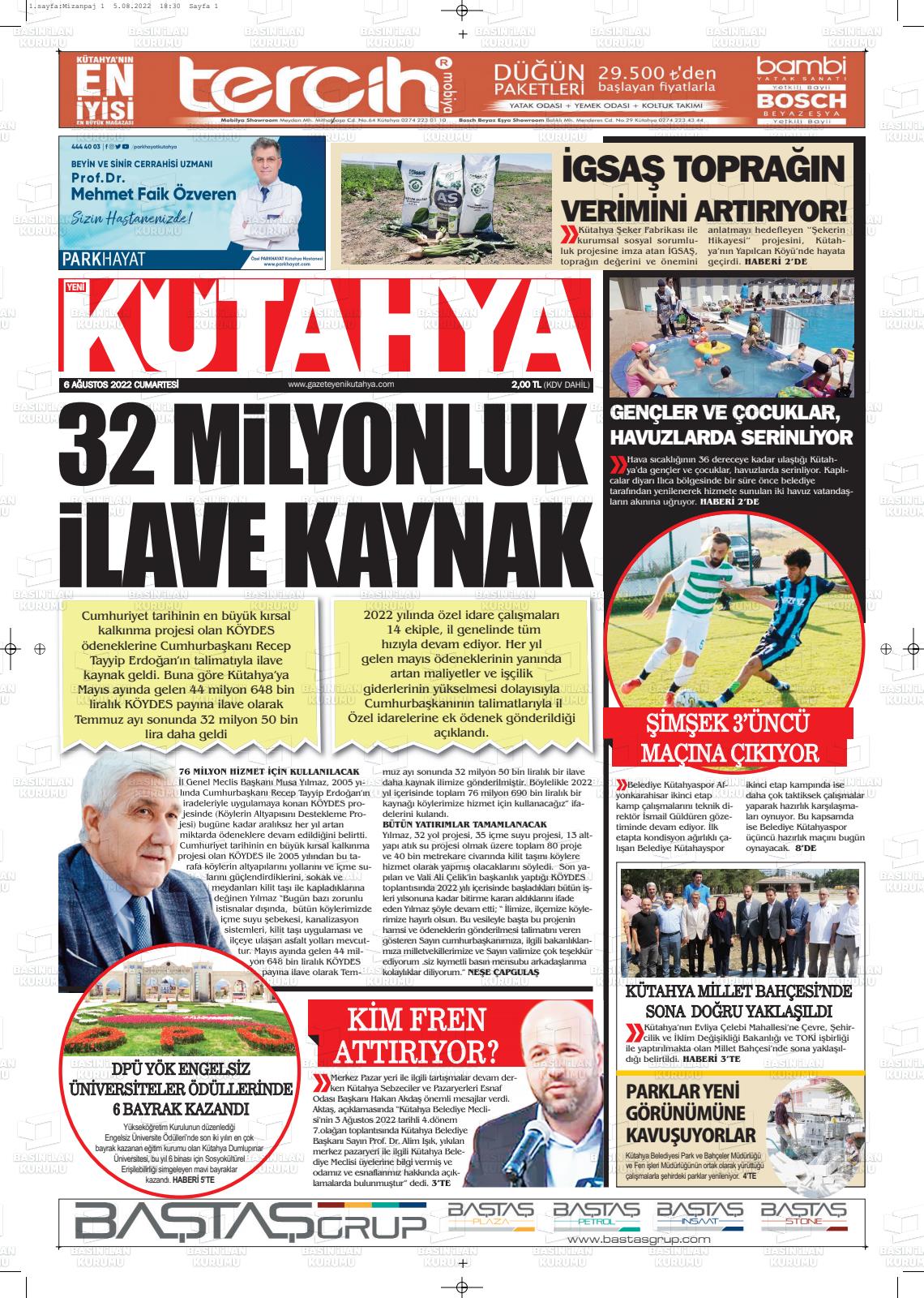 06 Ağustos 2022 Yeni Kütahya Gazete Manşeti