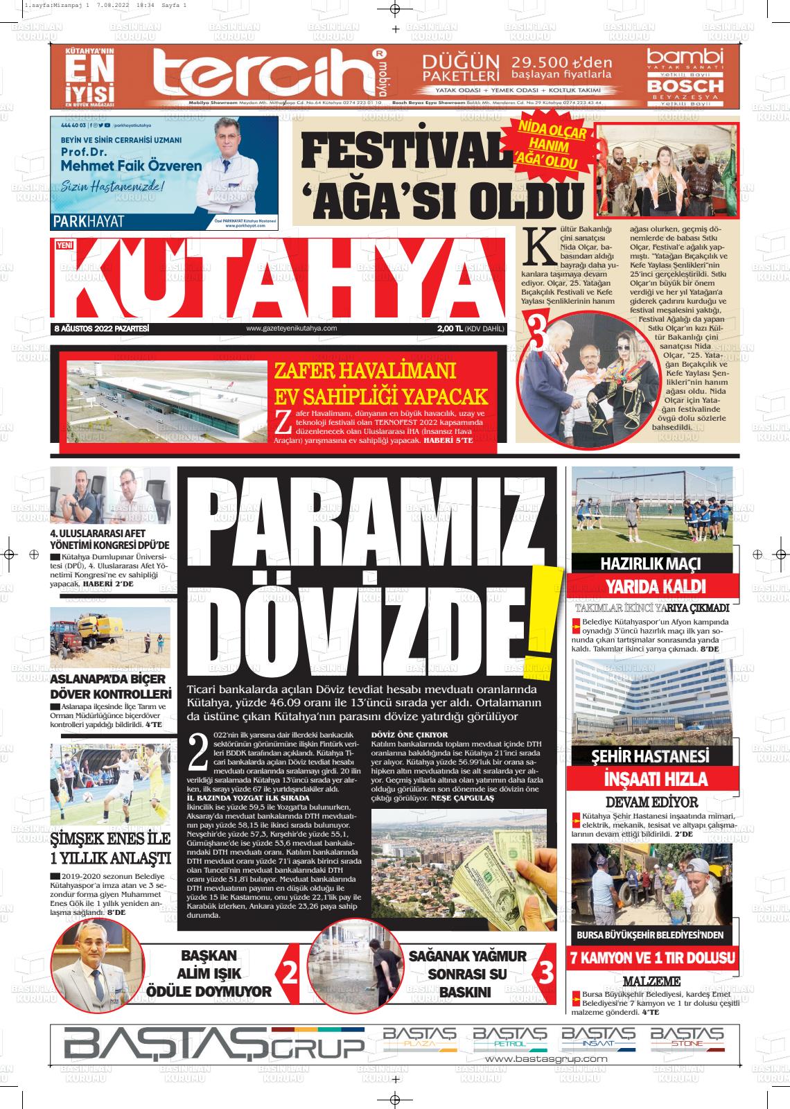 08 Ağustos 2022 Yeni Kütahya Gazete Manşeti