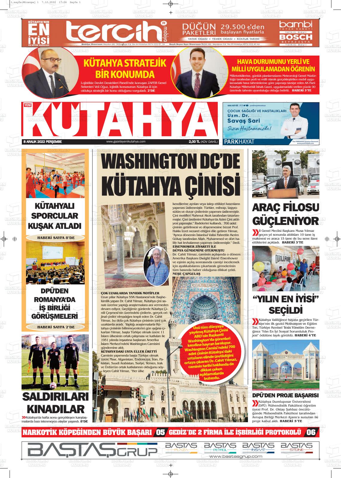 08 Aralık 2022 Yeni Kütahya Gazete Manşeti