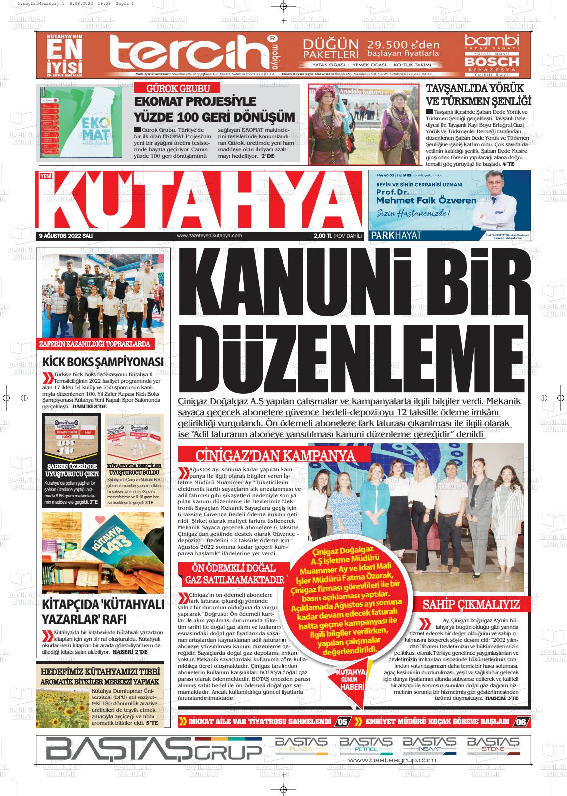 09 Ağustos 2022 Yeni Kütahya Gazete Manşeti