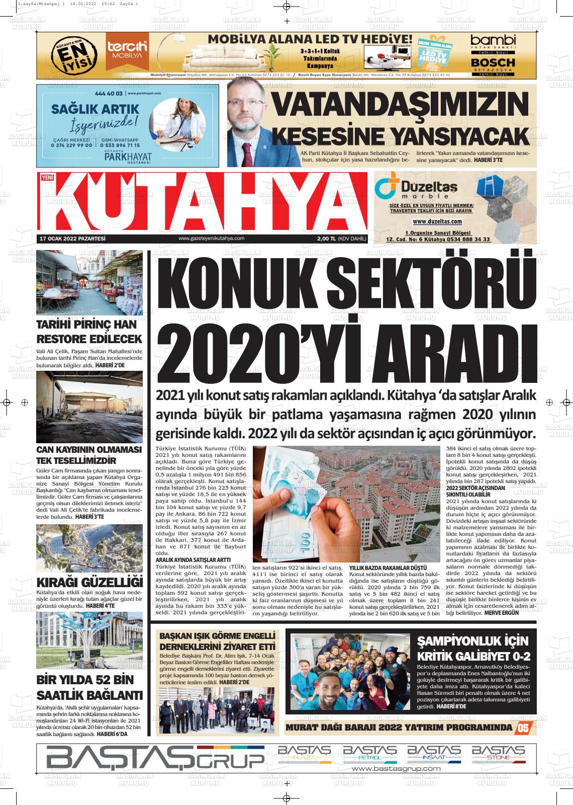 17 Ocak 2022 Yeni Kütahya Gazete Manşeti