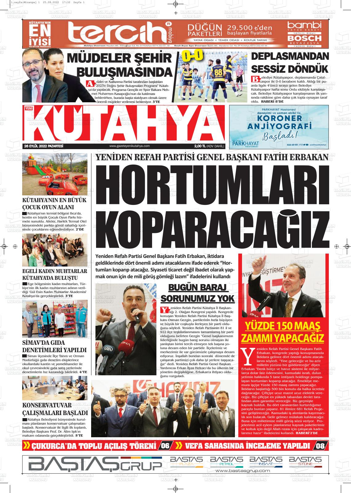 26 Eylül 2022 Yeni Kütahya Gazete Manşeti