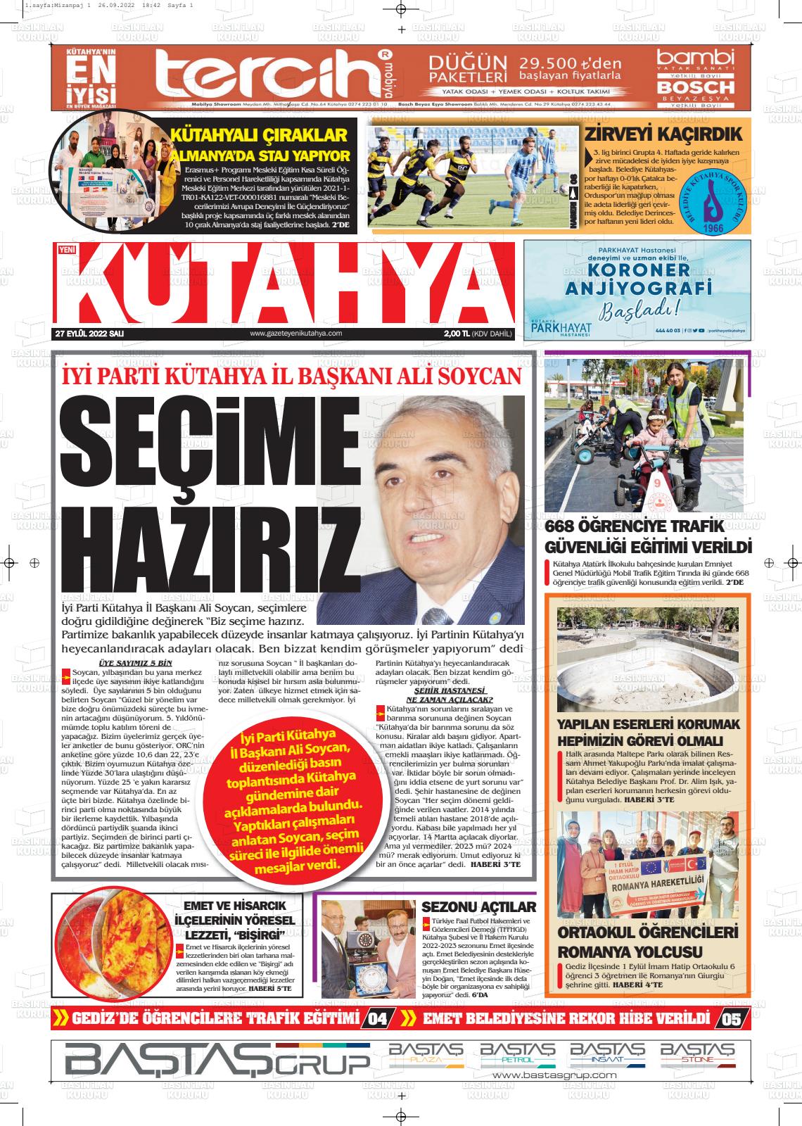 27 Eylül 2022 Yeni Kütahya Gazete Manşeti