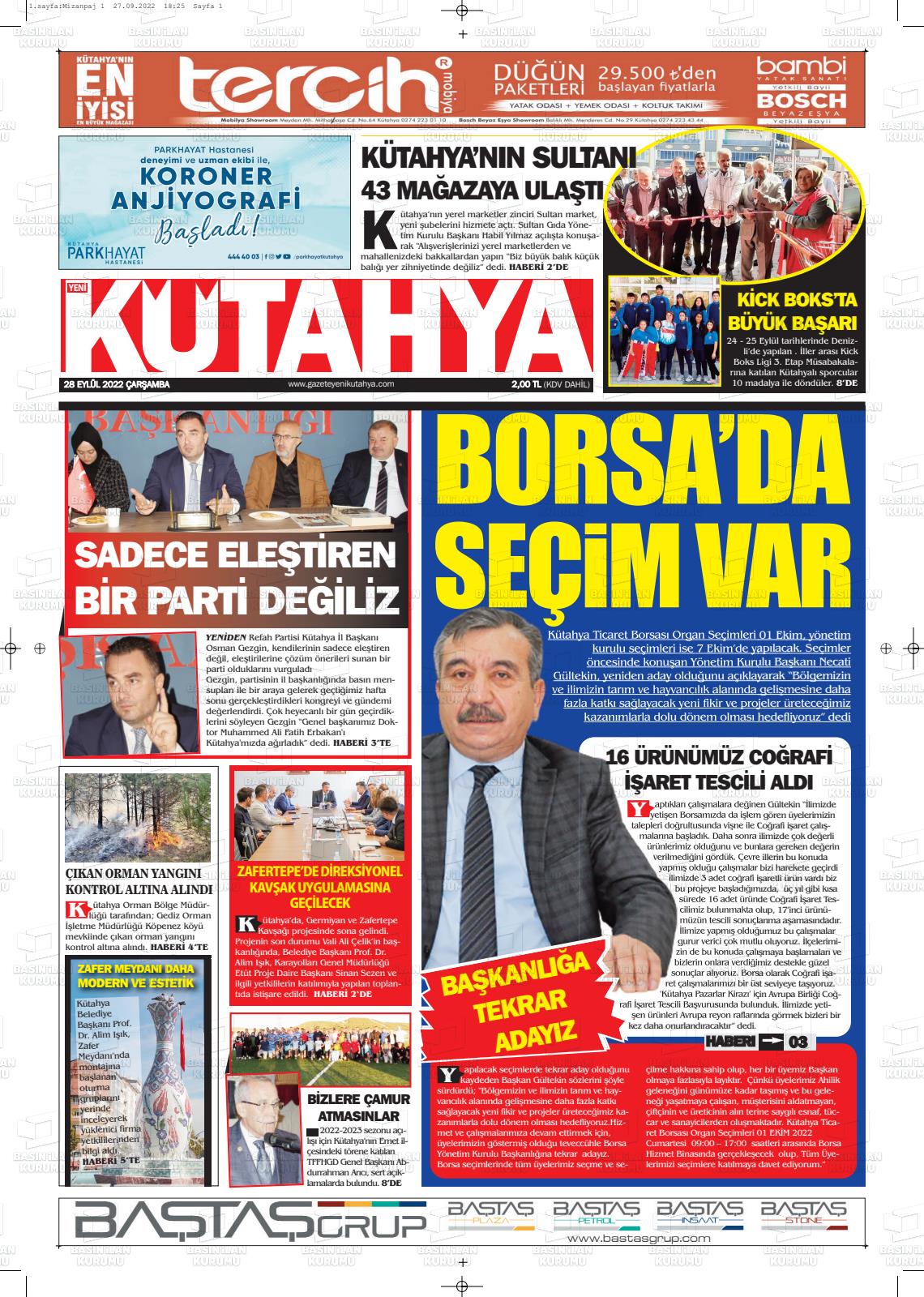28 Eylül 2022 Yeni Kütahya Gazete Manşeti