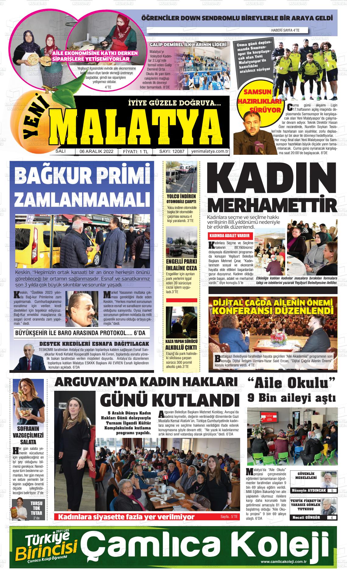 06 Aralık 2022 Yeni Malatya Gazete Manşeti