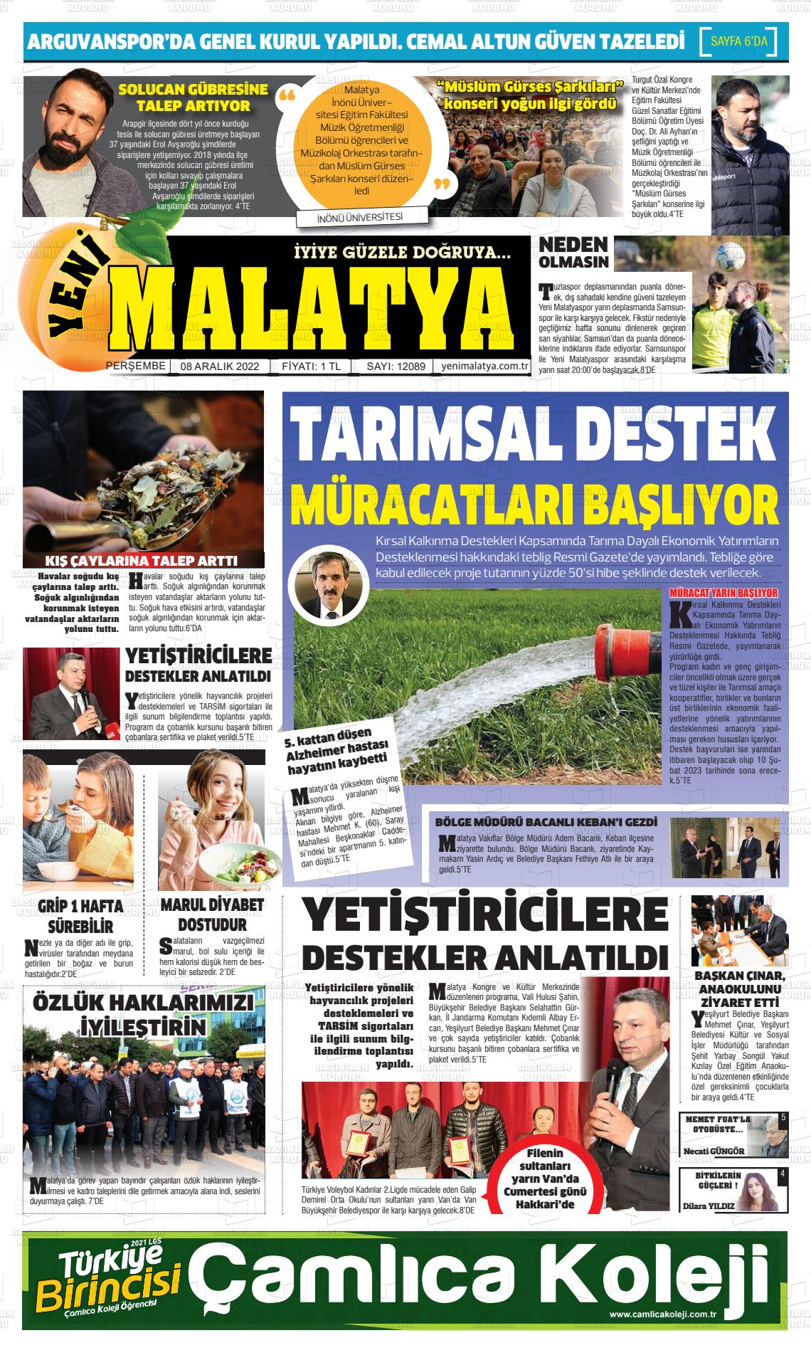 08 Aralık 2022 Yeni Malatya Gazete Manşeti