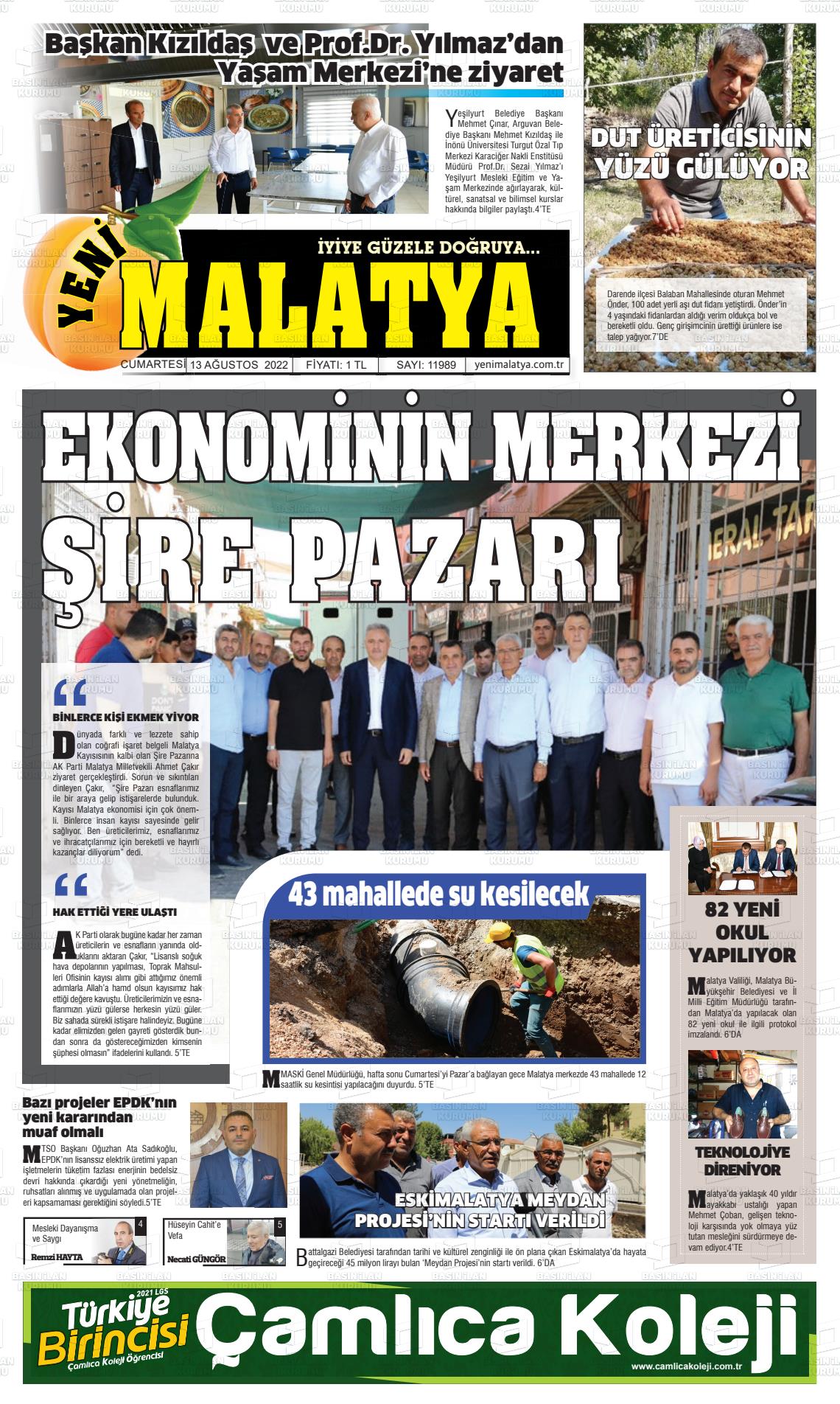 13 Ağustos 2022 Yeni Malatya Gazete Manşeti