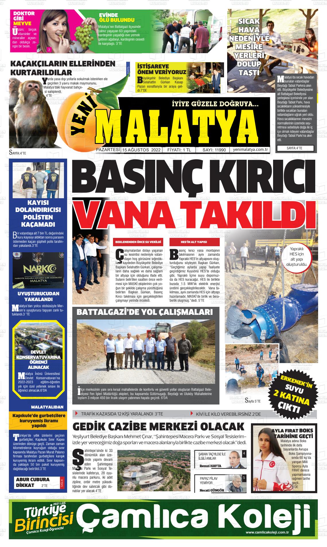 15 Ağustos 2022 Yeni Malatya Gazete Manşeti