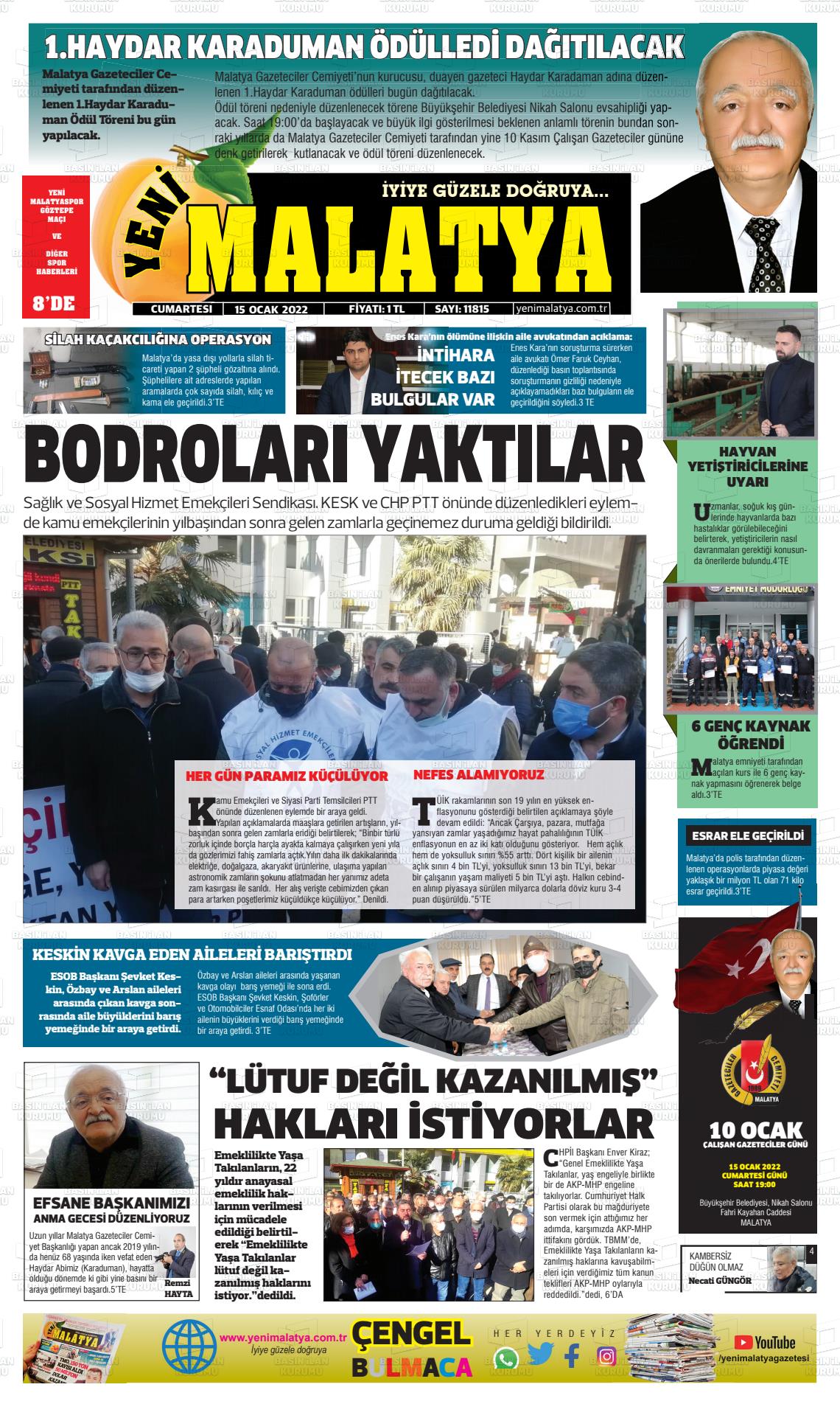 15 Ocak 2022 Yeni Malatya Gazete Manşeti