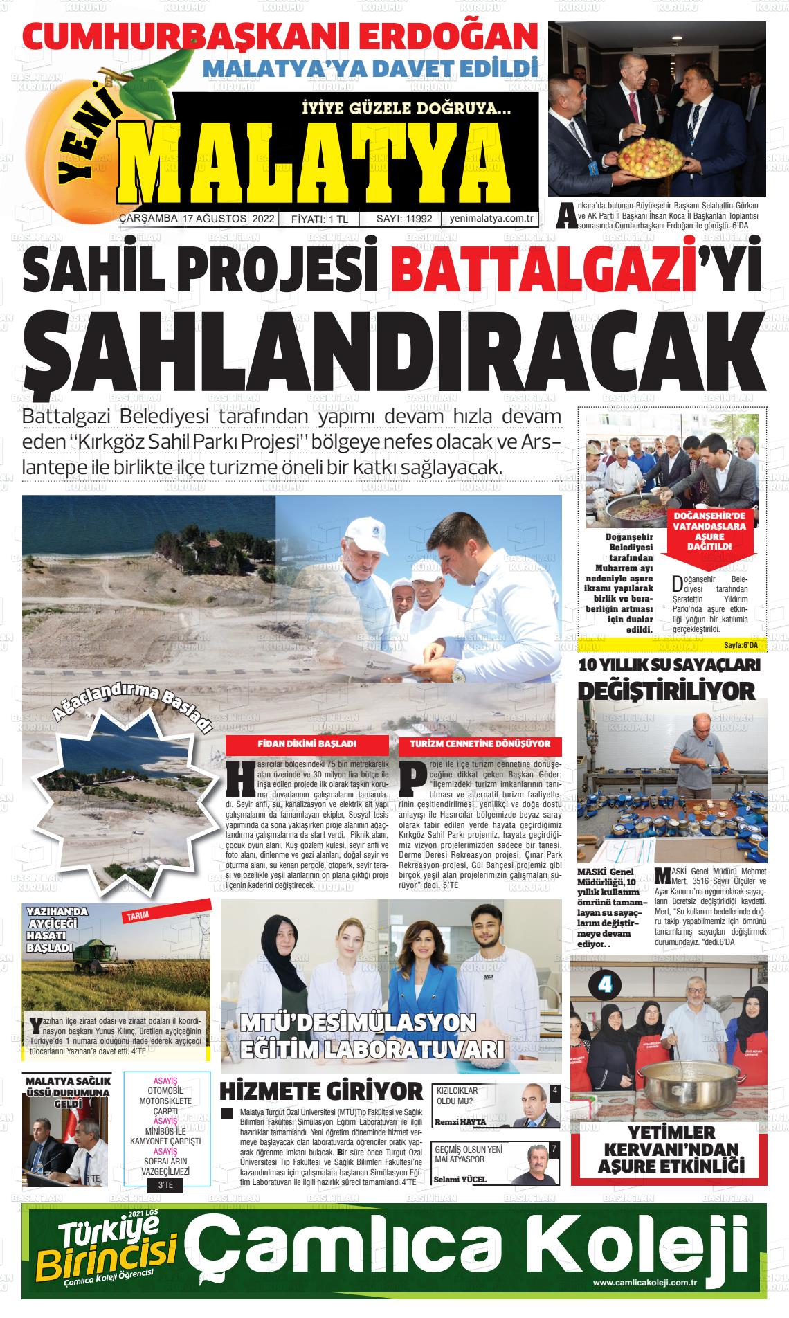 17 Ağustos 2022 Yeni Malatya Gazete Manşeti