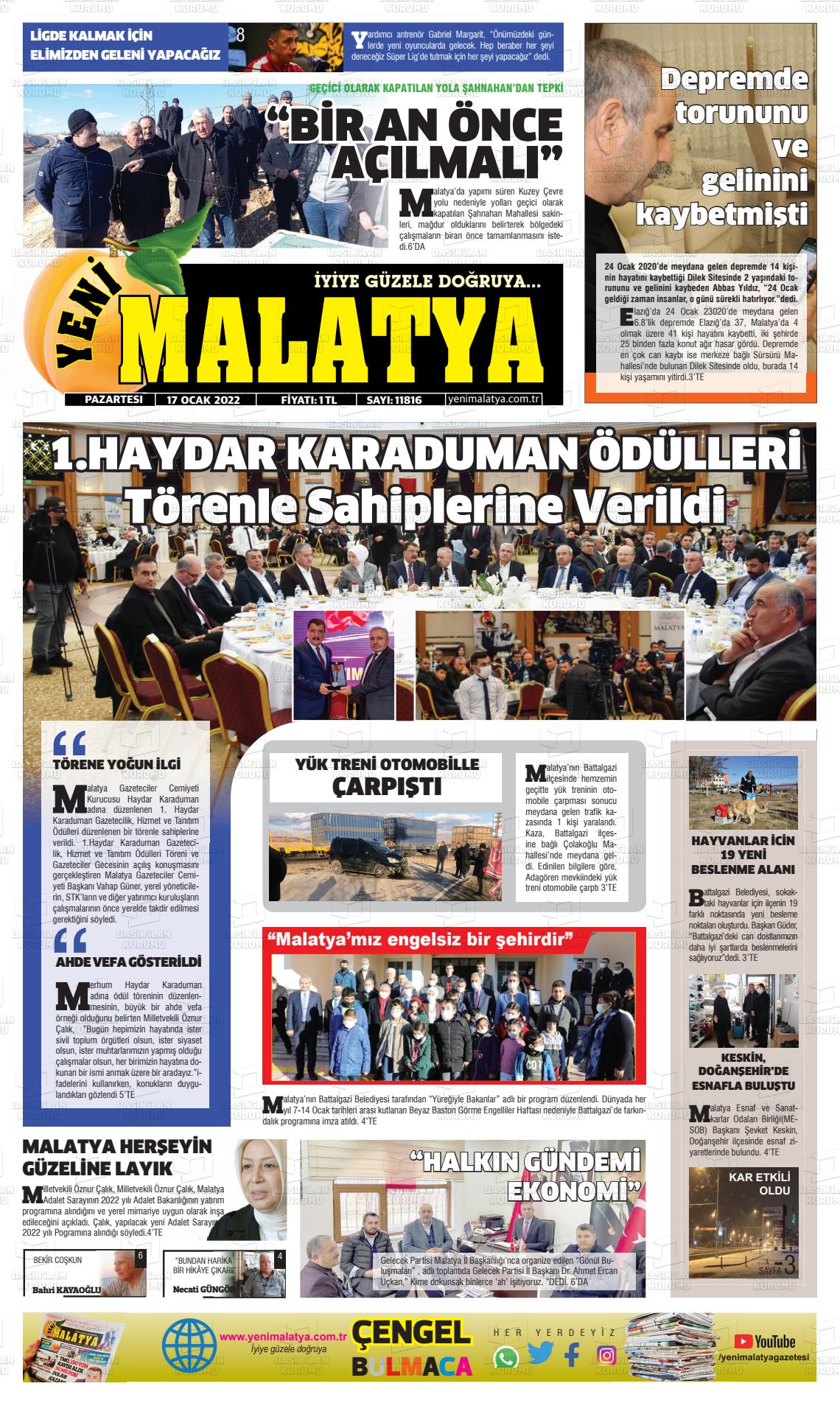 17 Ocak 2022 Yeni Malatya Gazete Manşeti