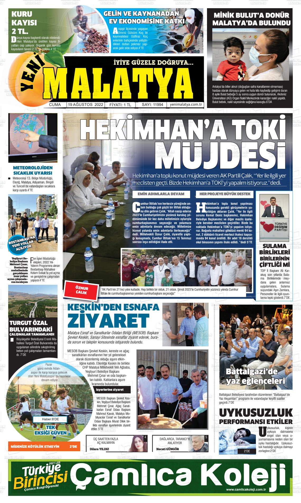 19 Ağustos 2022 Yeni Malatya Gazete Manşeti