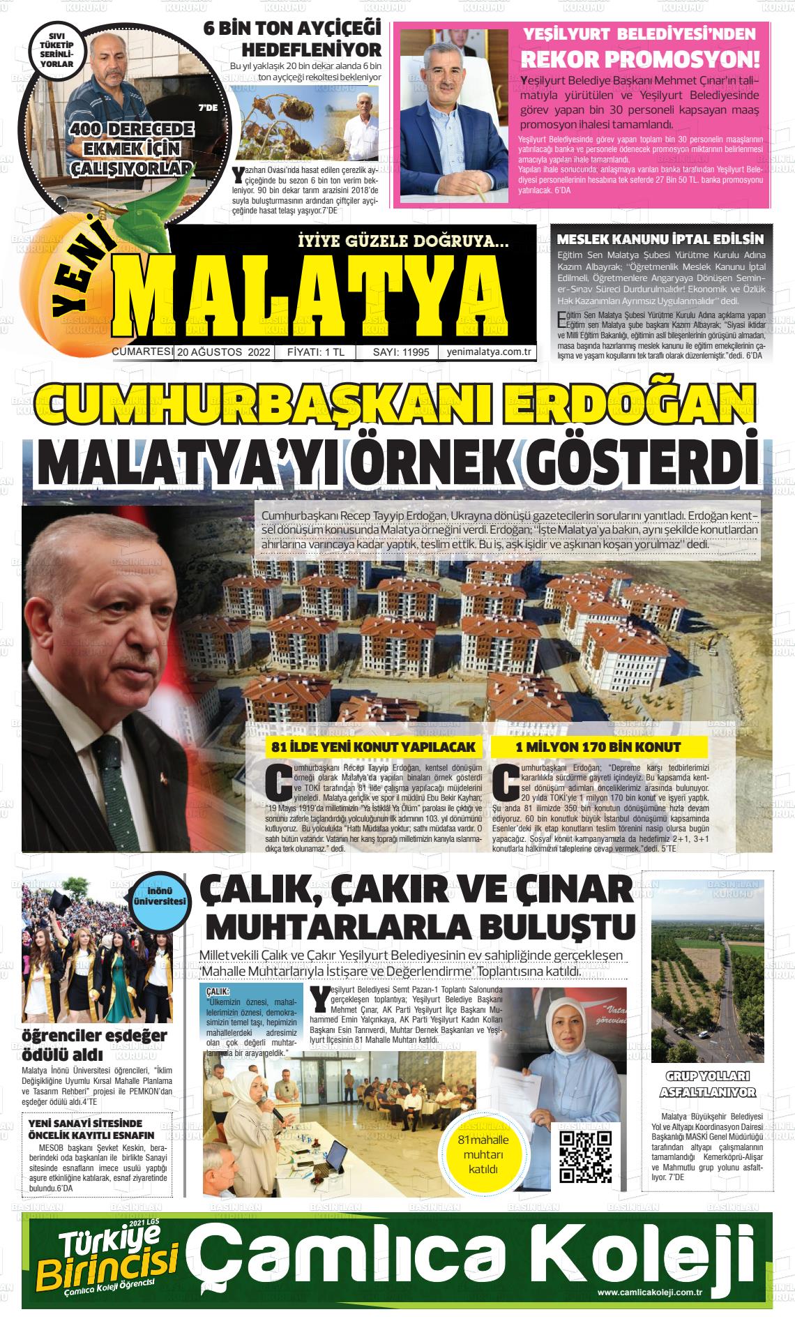 20 Ağustos 2022 Yeni Malatya Gazete Manşeti
