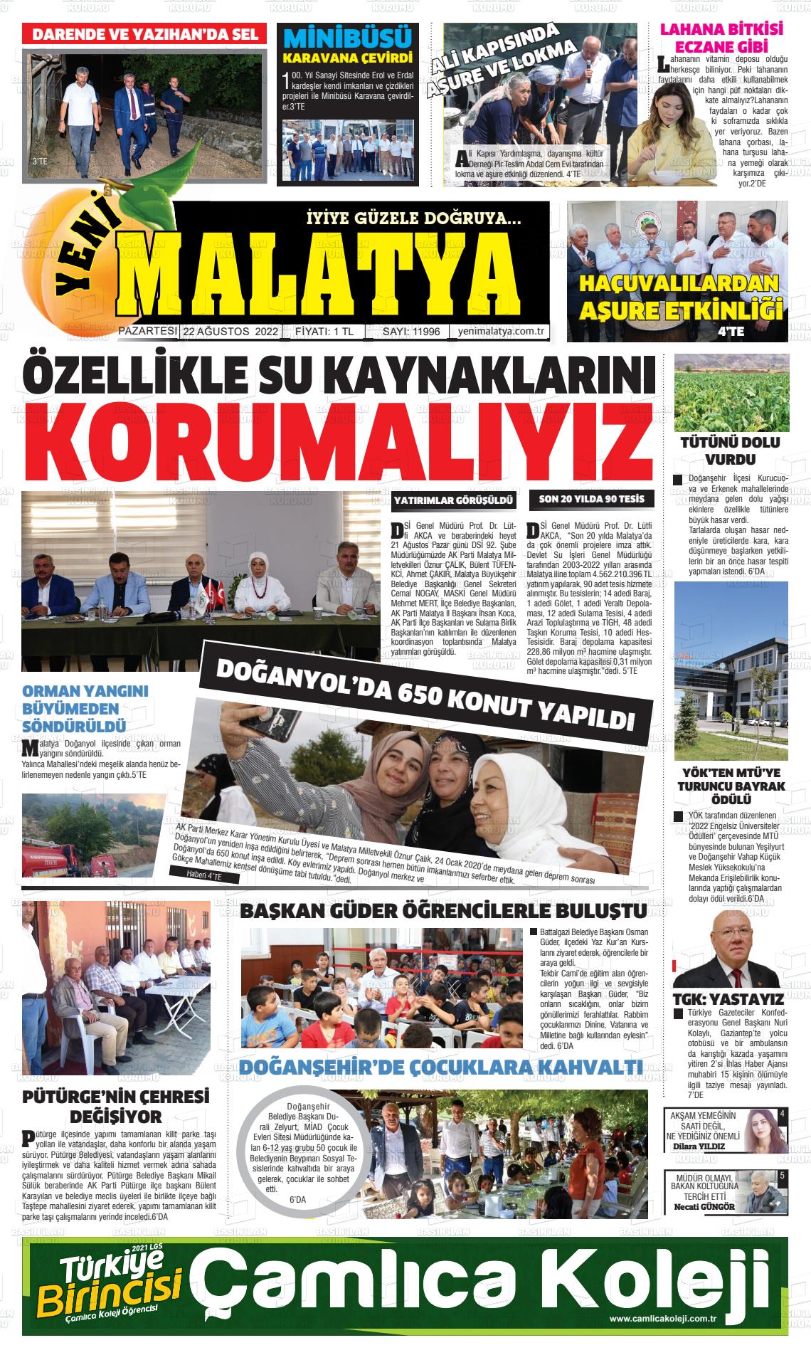 22 Ağustos 2022 Yeni Malatya Gazete Manşeti