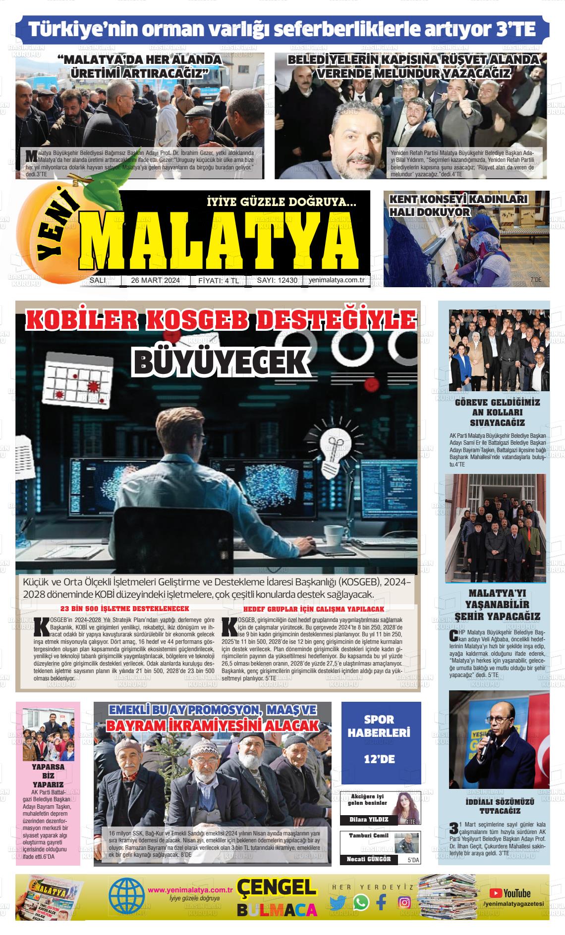 26 Mart 2024 Yeni Malatya Gazete Manşeti