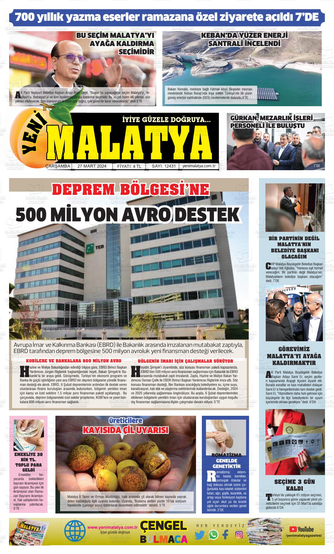 27 Mart 2024 Yeni Malatya Gazete Manşeti