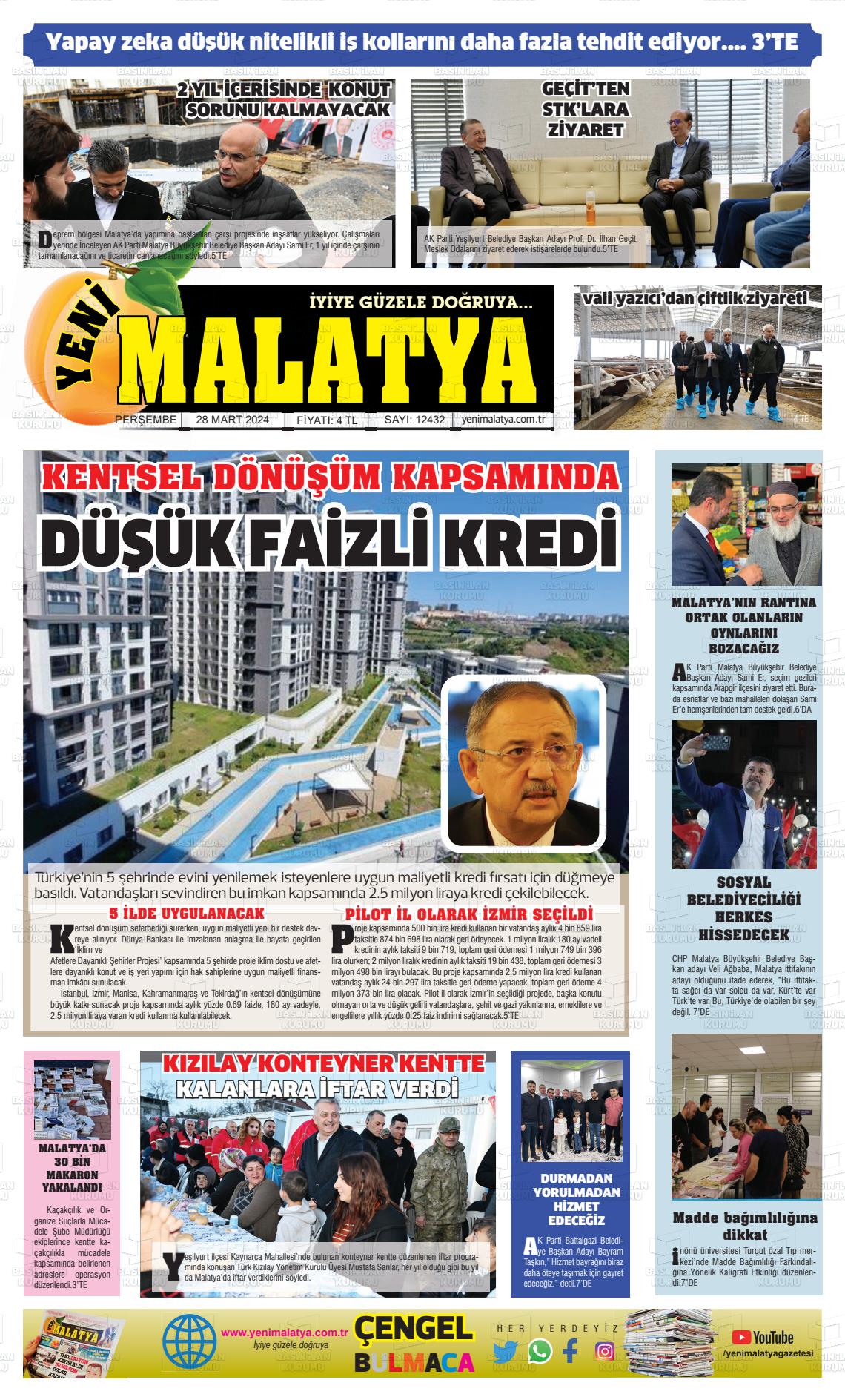 28 Mart 2024 Yeni Malatya Gazete Manşeti