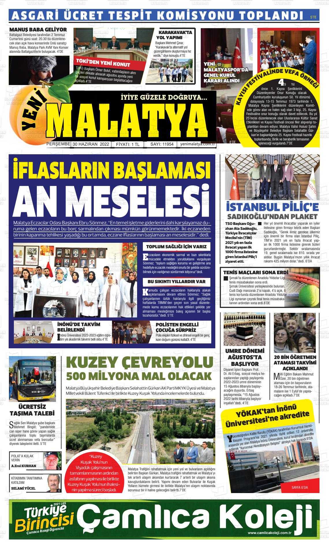 01 Temmuz 2022 Yeni Malatya Gazete Manşeti