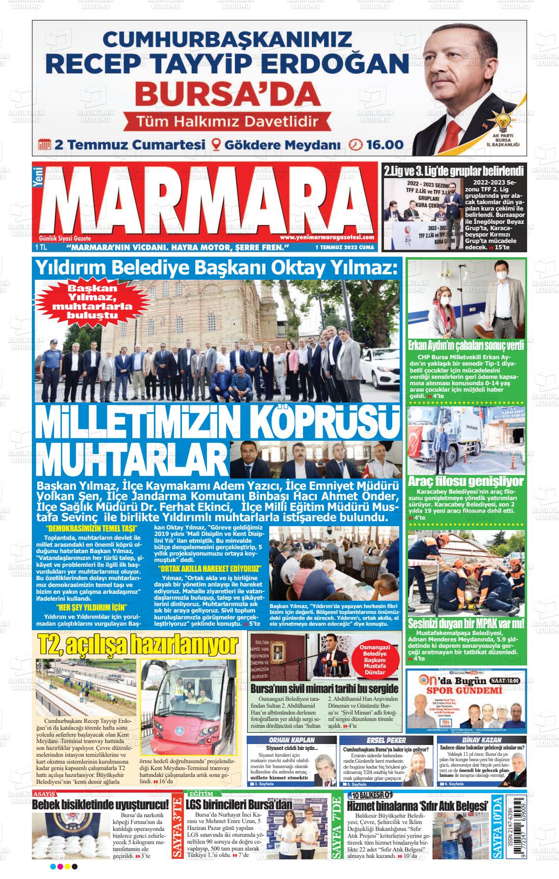 01 Temmuz 2022 Yeni Marmara Gazete Manşeti