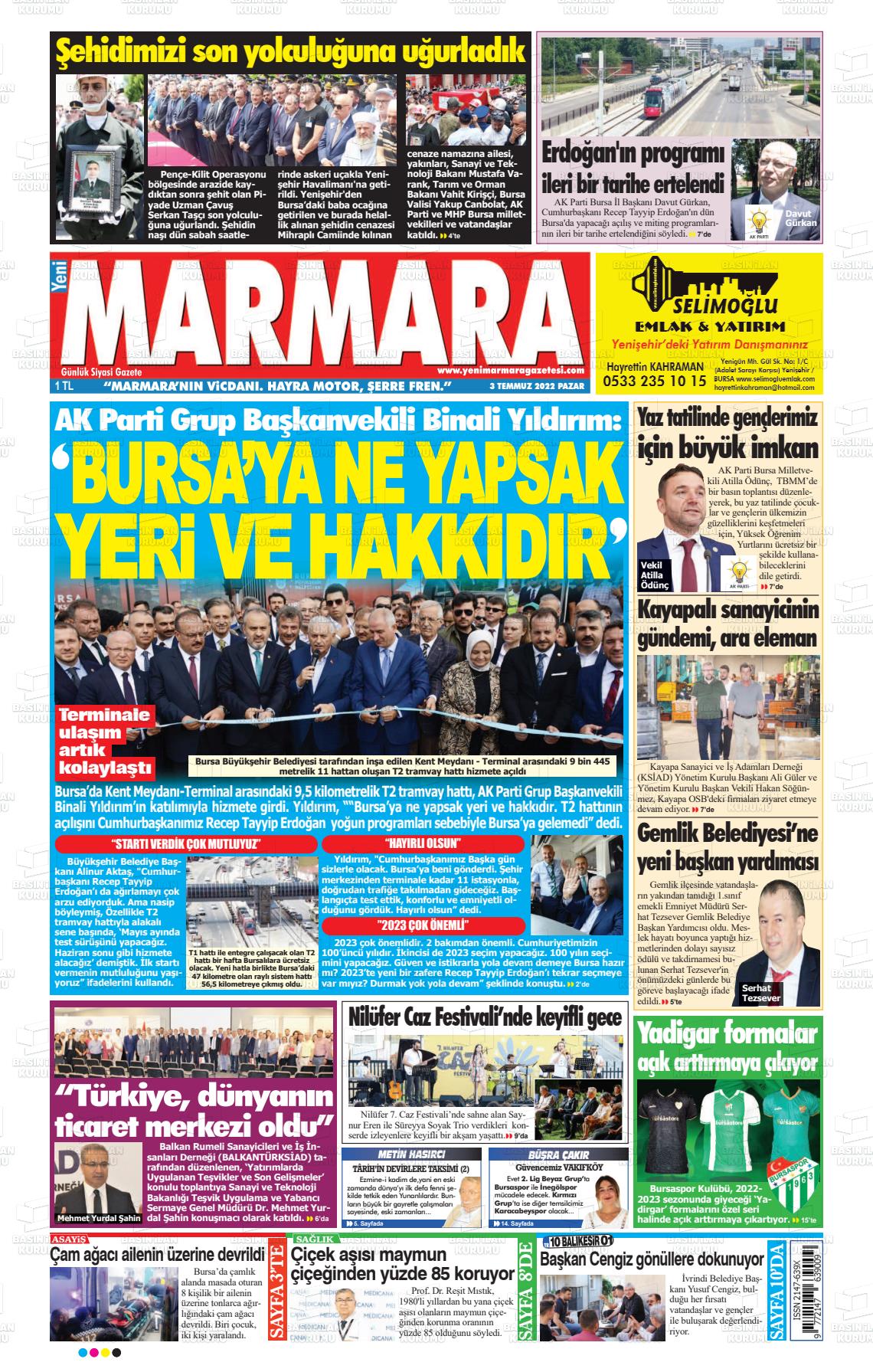 03 Temmuz 2022 Yeni Marmara Gazete Manşeti