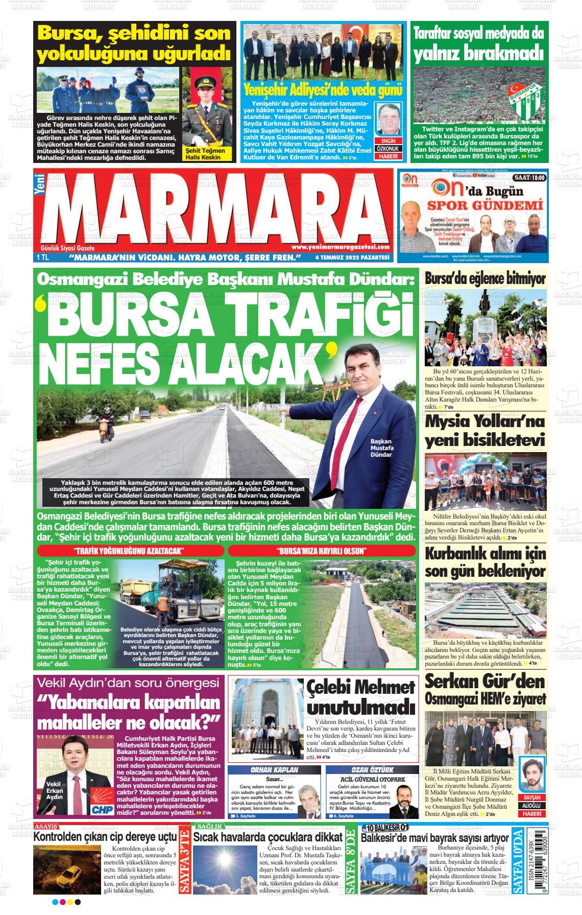 04 Temmuz 2022 Yeni Marmara Gazete Manşeti