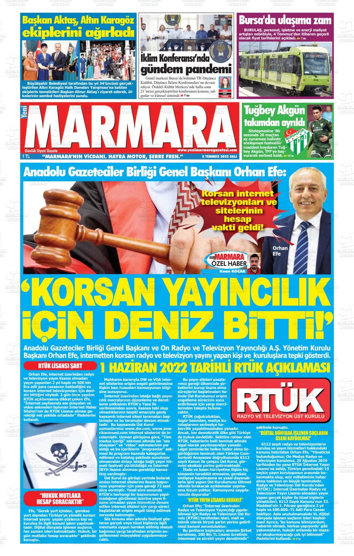 05 Temmuz 2022 Yeni Marmara Gazete Manşeti