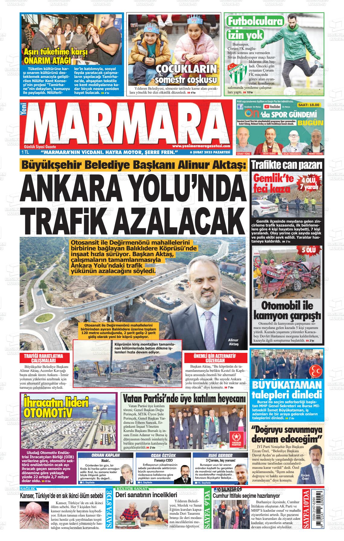 06 Şubat 2023 Yeni Marmara Gazete Manşeti