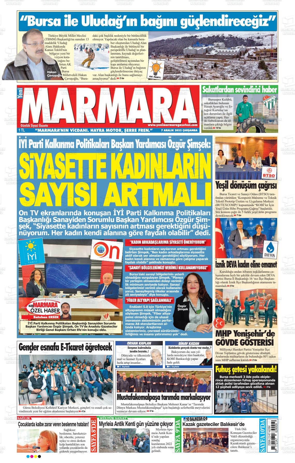 07 Aralık 2022 Yeni Marmara Gazete Manşeti