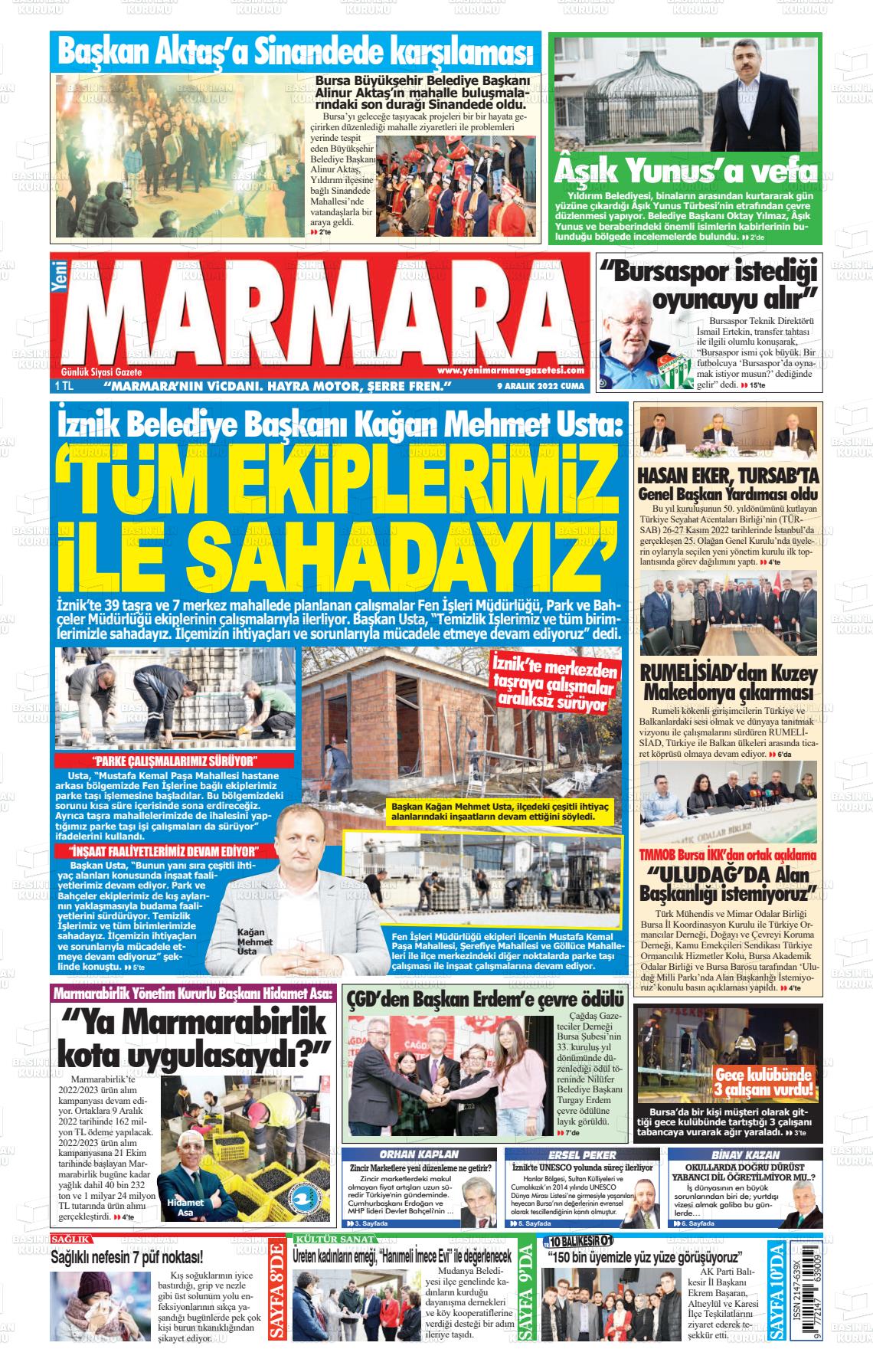 09 Aralık 2022 Yeni Marmara Gazete Manşeti