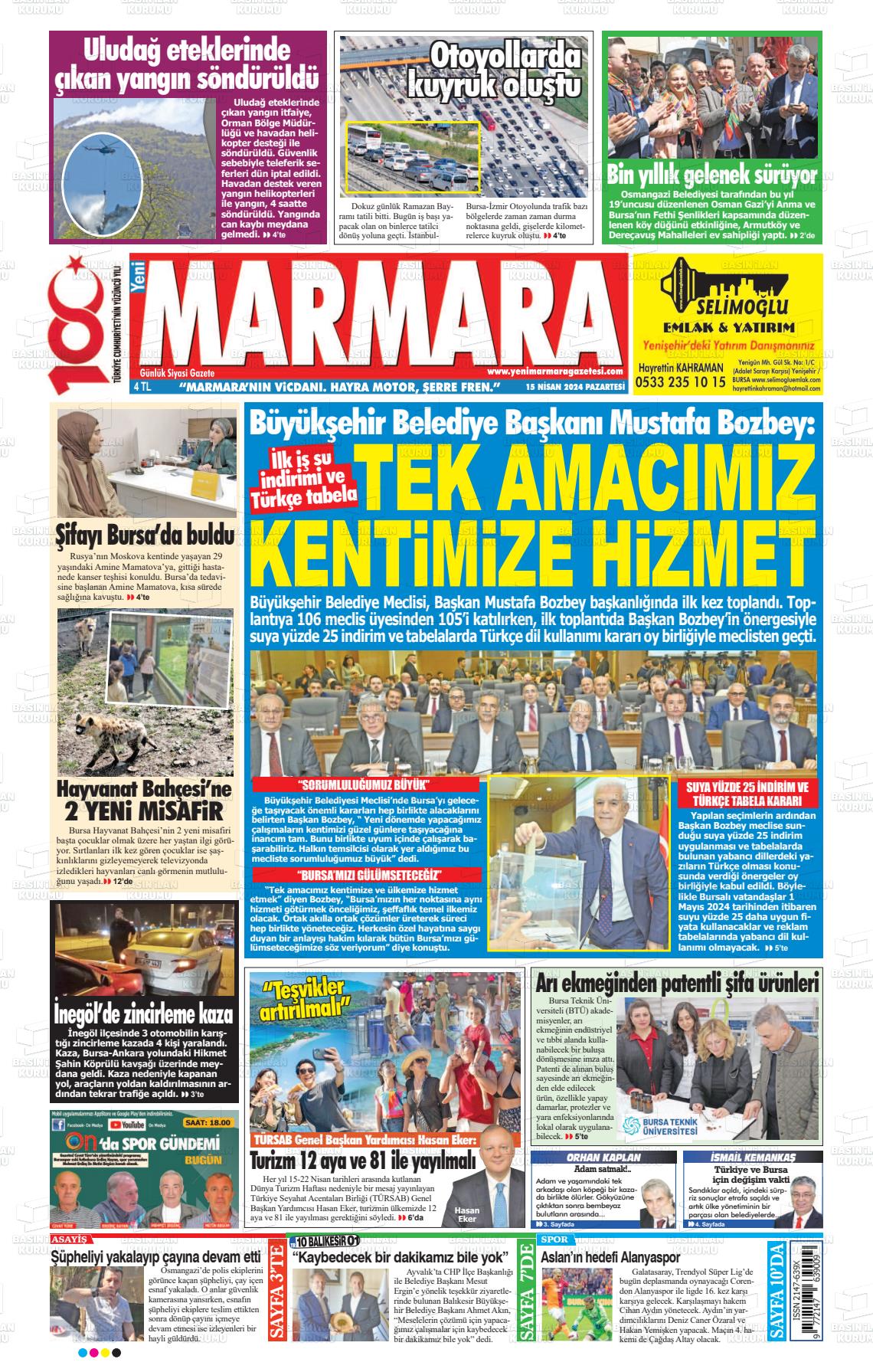 15 Nisan 2024 Yeni Marmara Gazete Manşeti