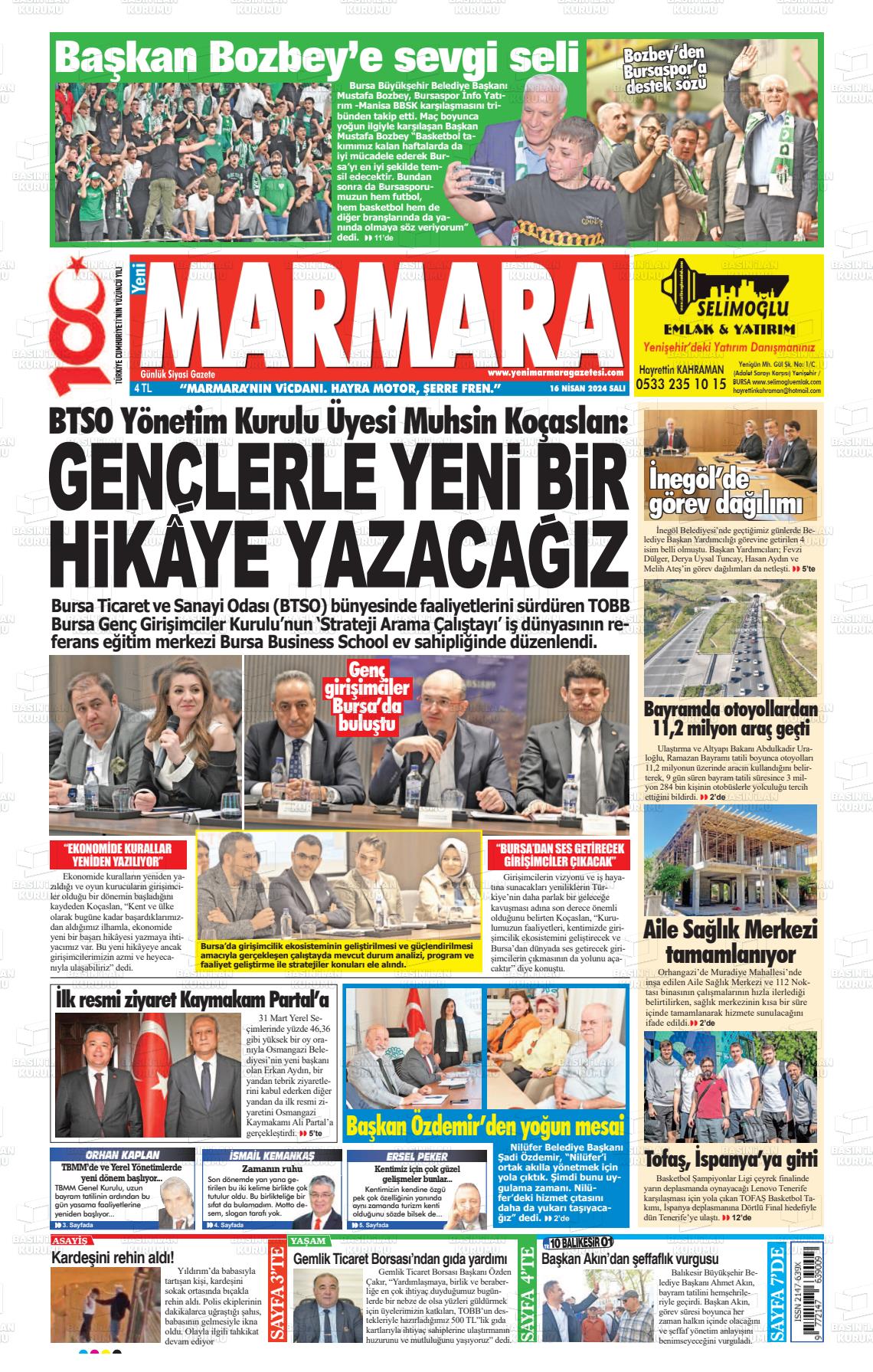 17 Nisan 2024 Yeni Marmara Gazete Manşeti