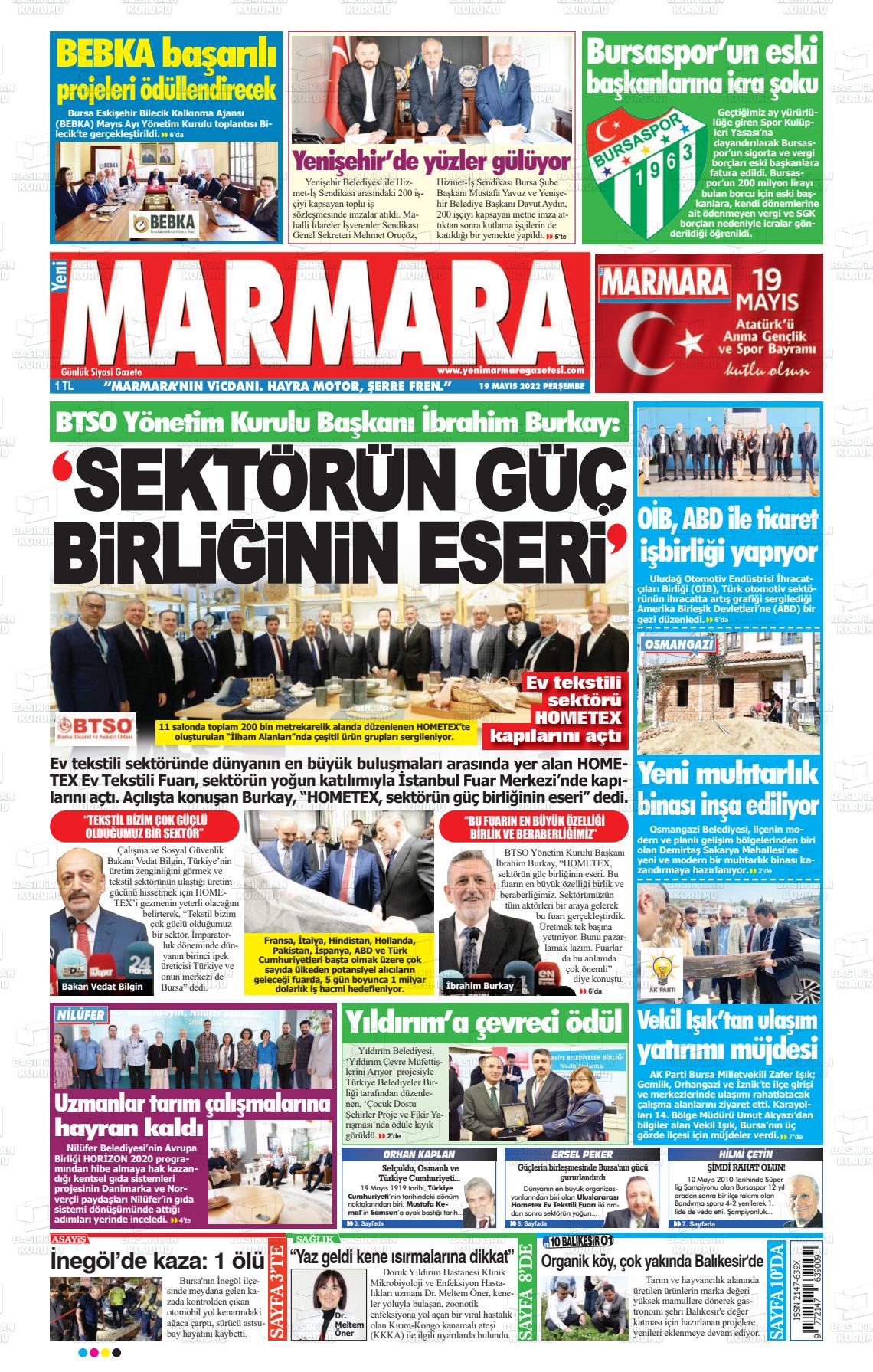 19 Mayıs 2022 Yeni Marmara Gazete Manşeti