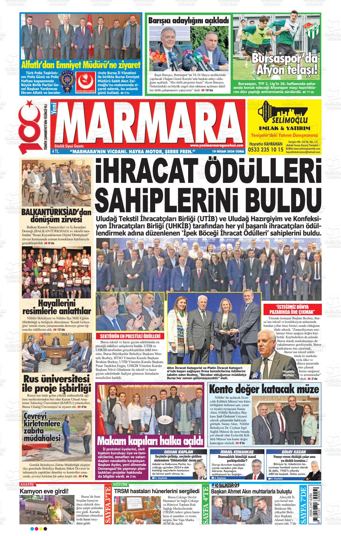 19 Nisan 2024 Yeni Marmara Gazete Manşeti