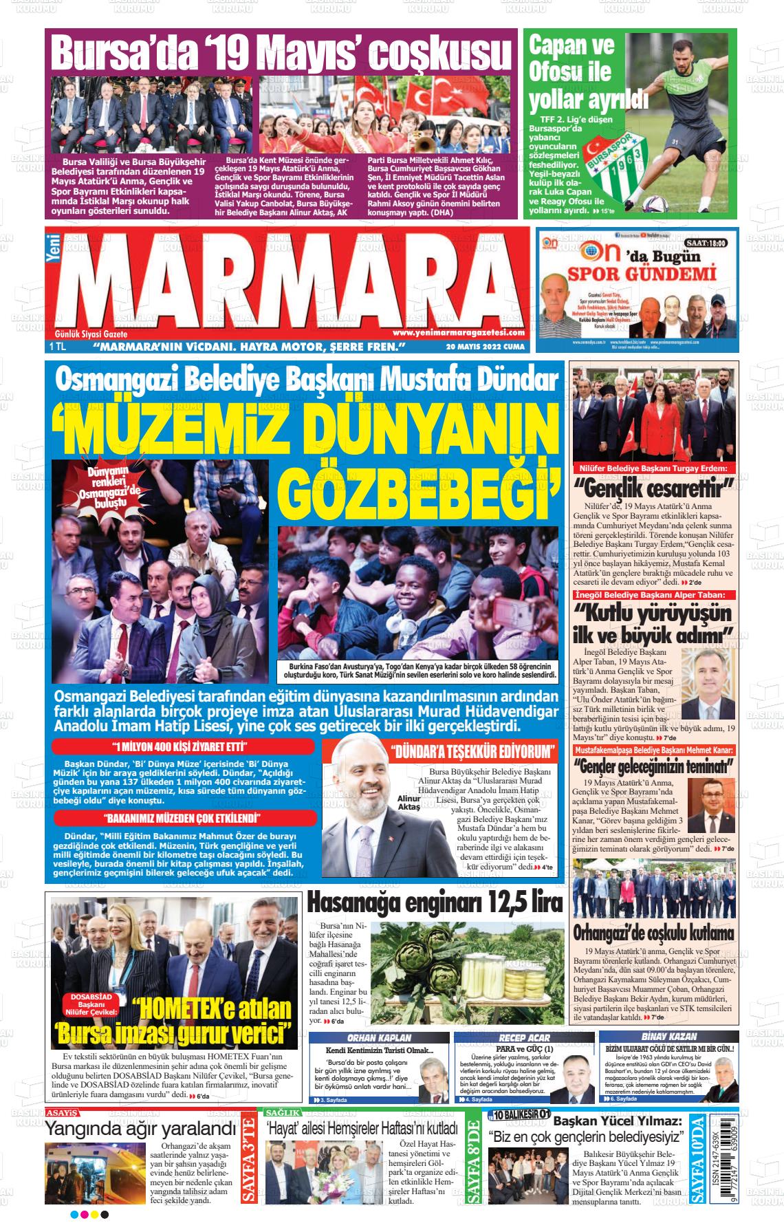20 Mayıs 2022 Yeni Marmara Gazete Manşeti