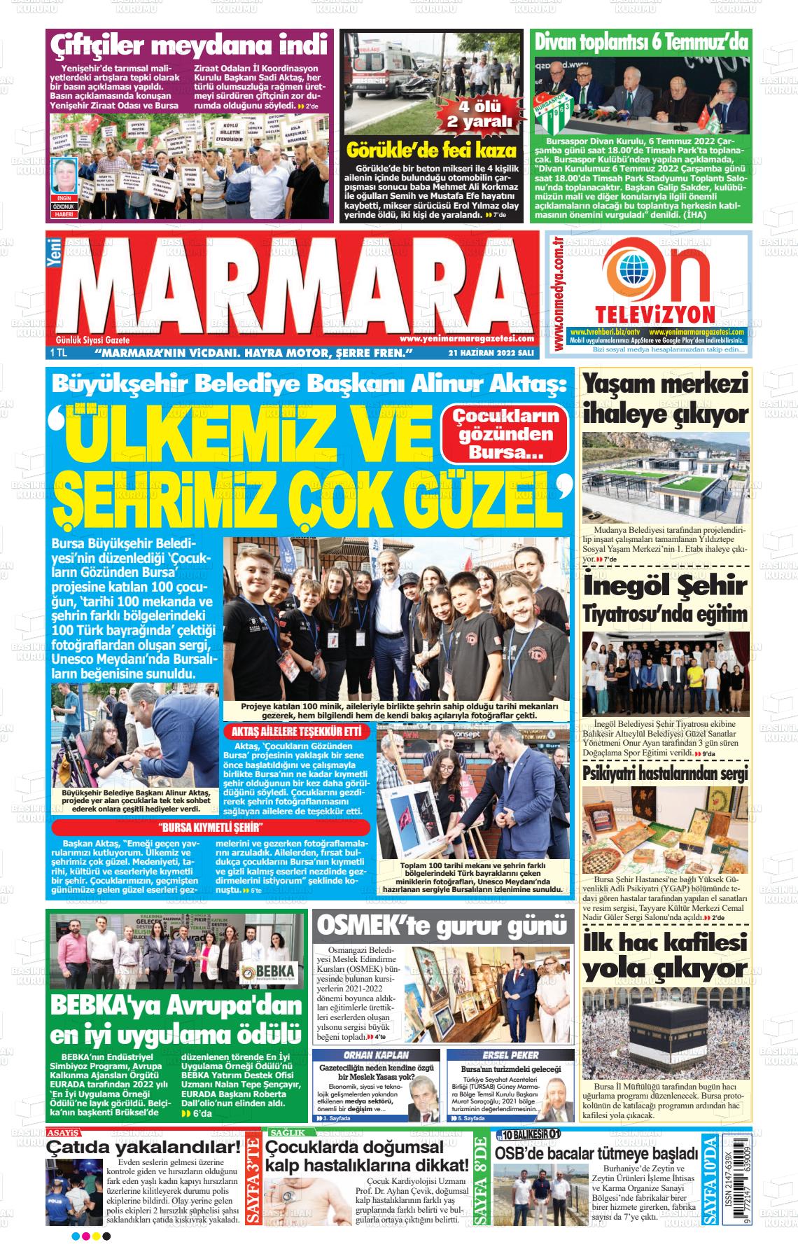 21 Haziran 2022 Yeni Marmara Gazete Manşeti