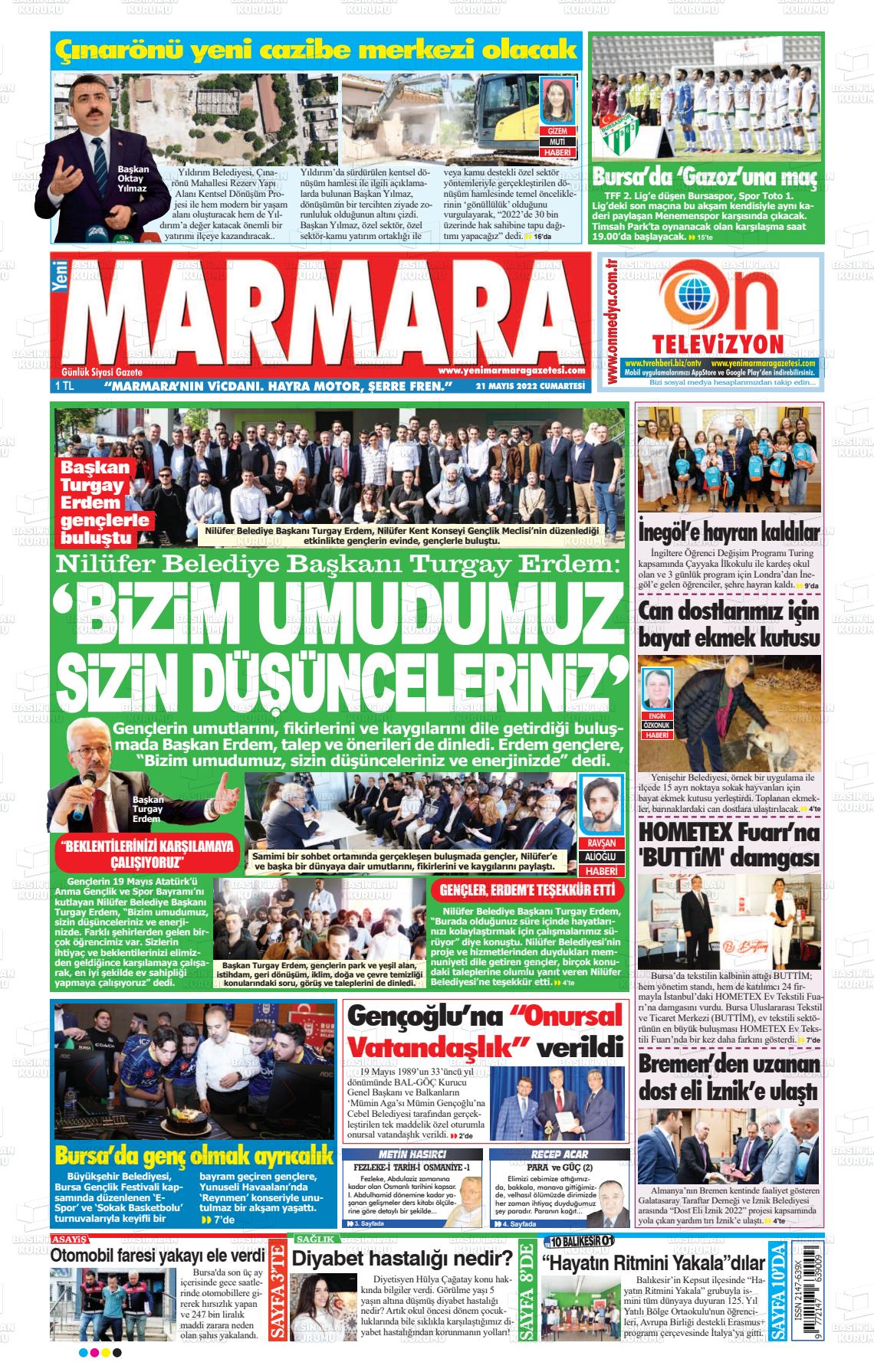 21 Mayıs 2022 Yeni Marmara Gazete Manşeti