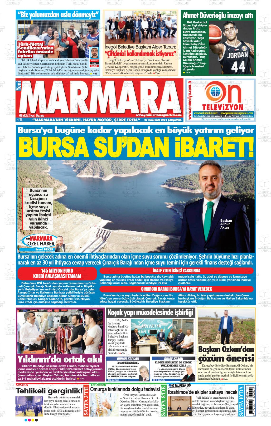 22 Haziran 2022 Yeni Marmara Gazete Manşeti