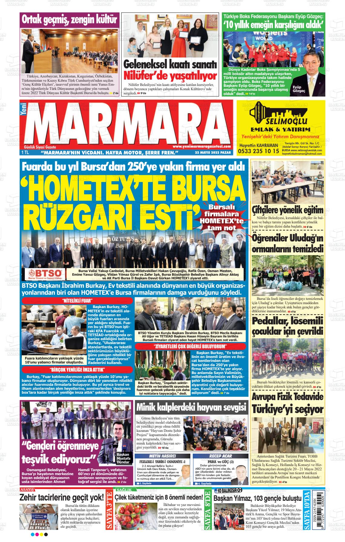 22 Mayıs 2022 Yeni Marmara Gazete Manşeti
