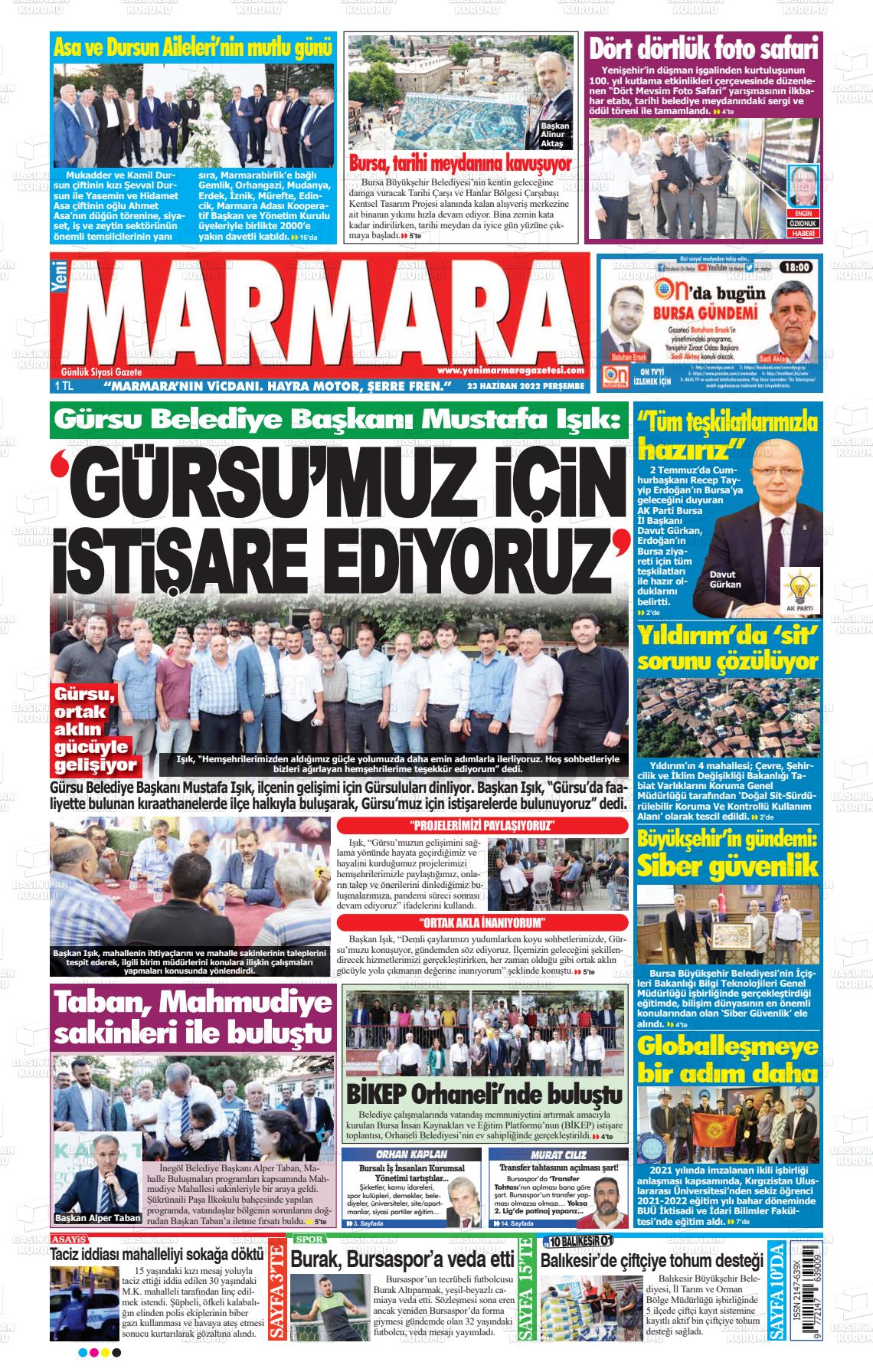 23 Haziran 2022 Yeni Marmara Gazete Manşeti