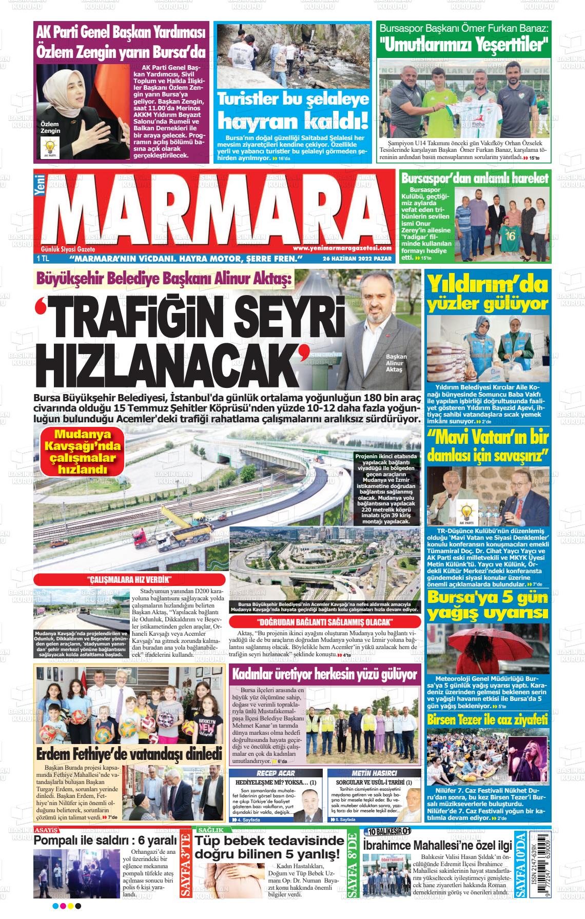 26 Haziran 2022 Yeni Marmara Gazete Manşeti
