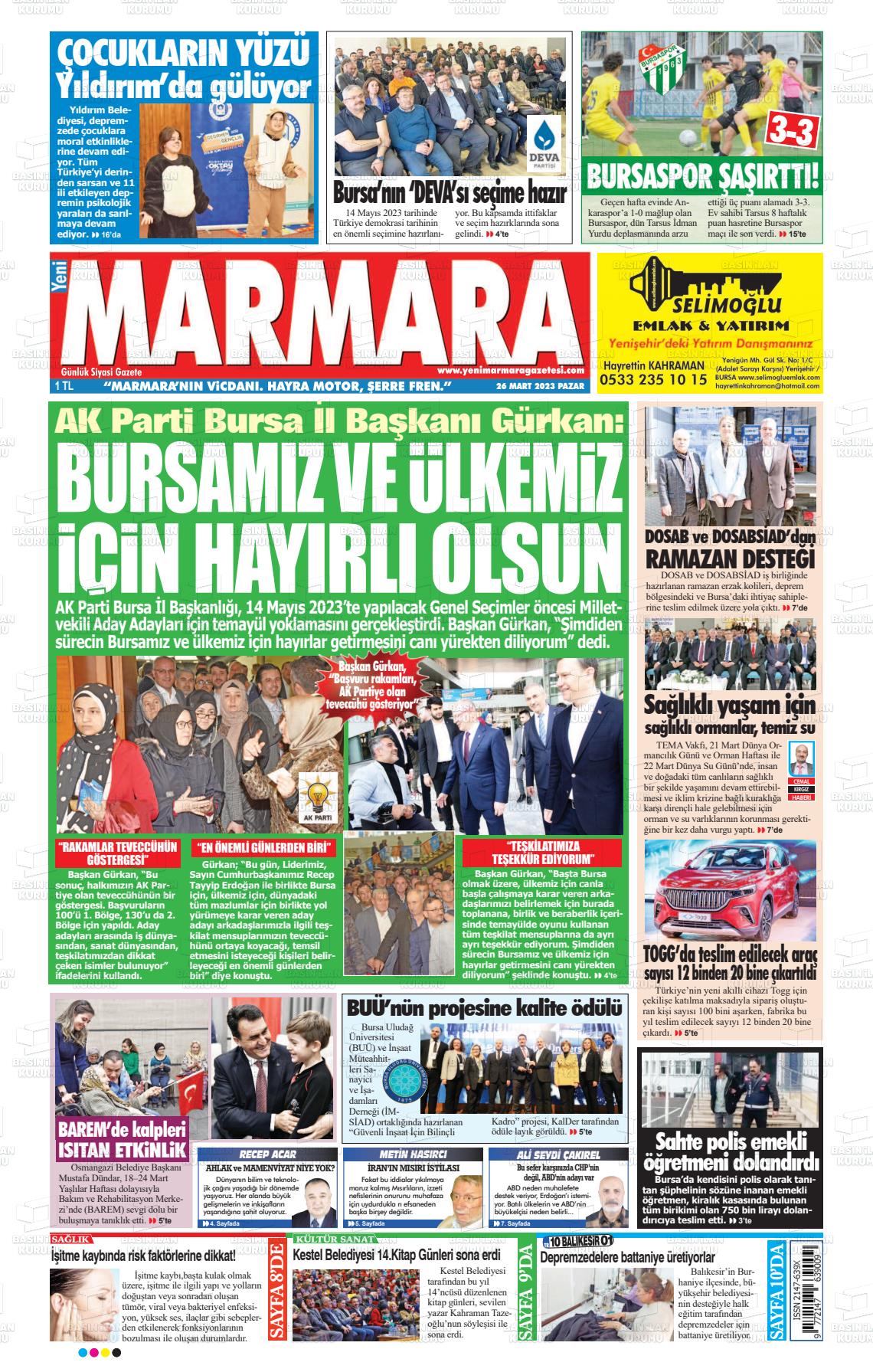 26 Mart 2023 Yeni Marmara Gazete Manşeti