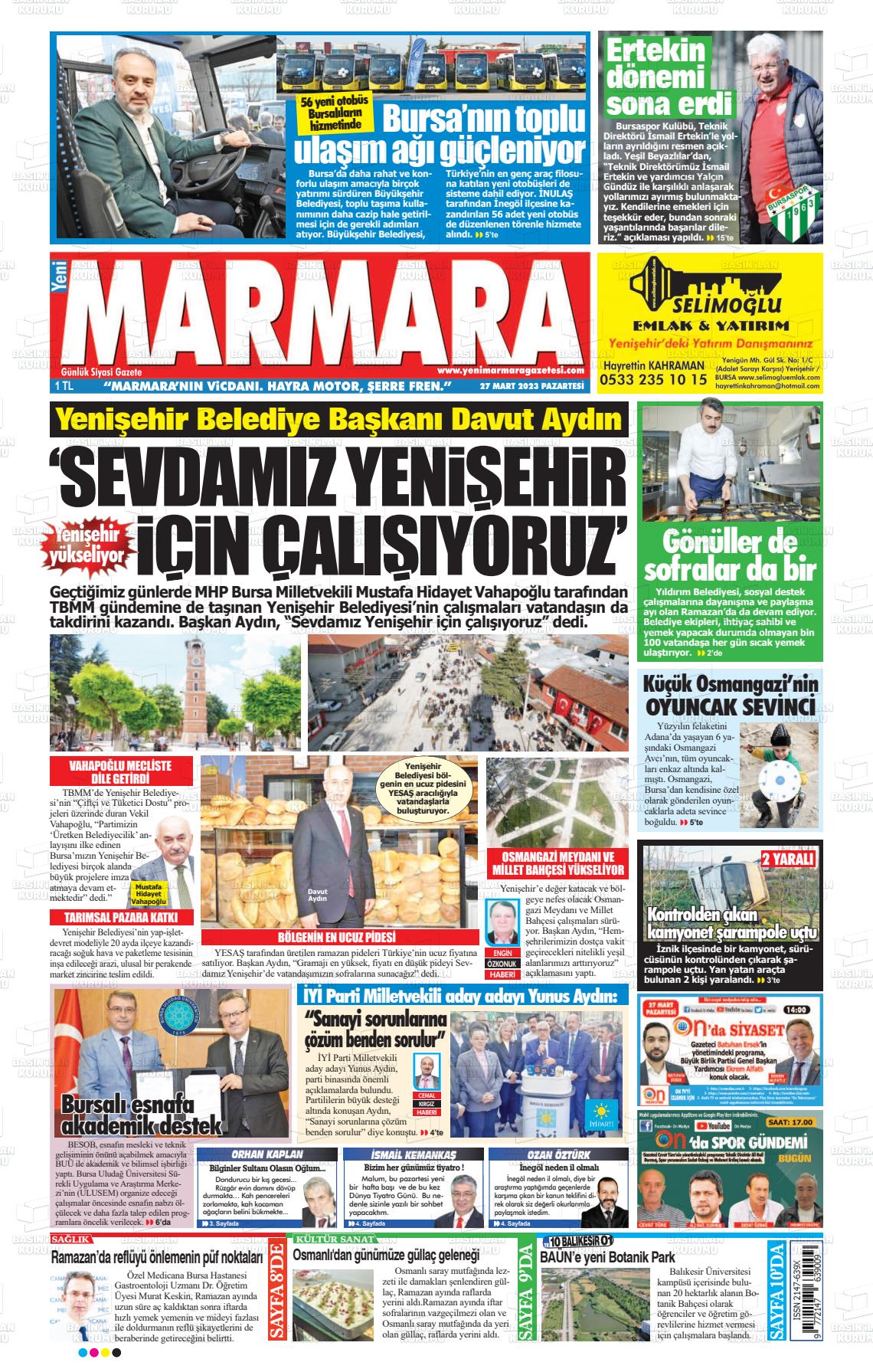 27 Mart 2023 Yeni Marmara Gazete Manşeti