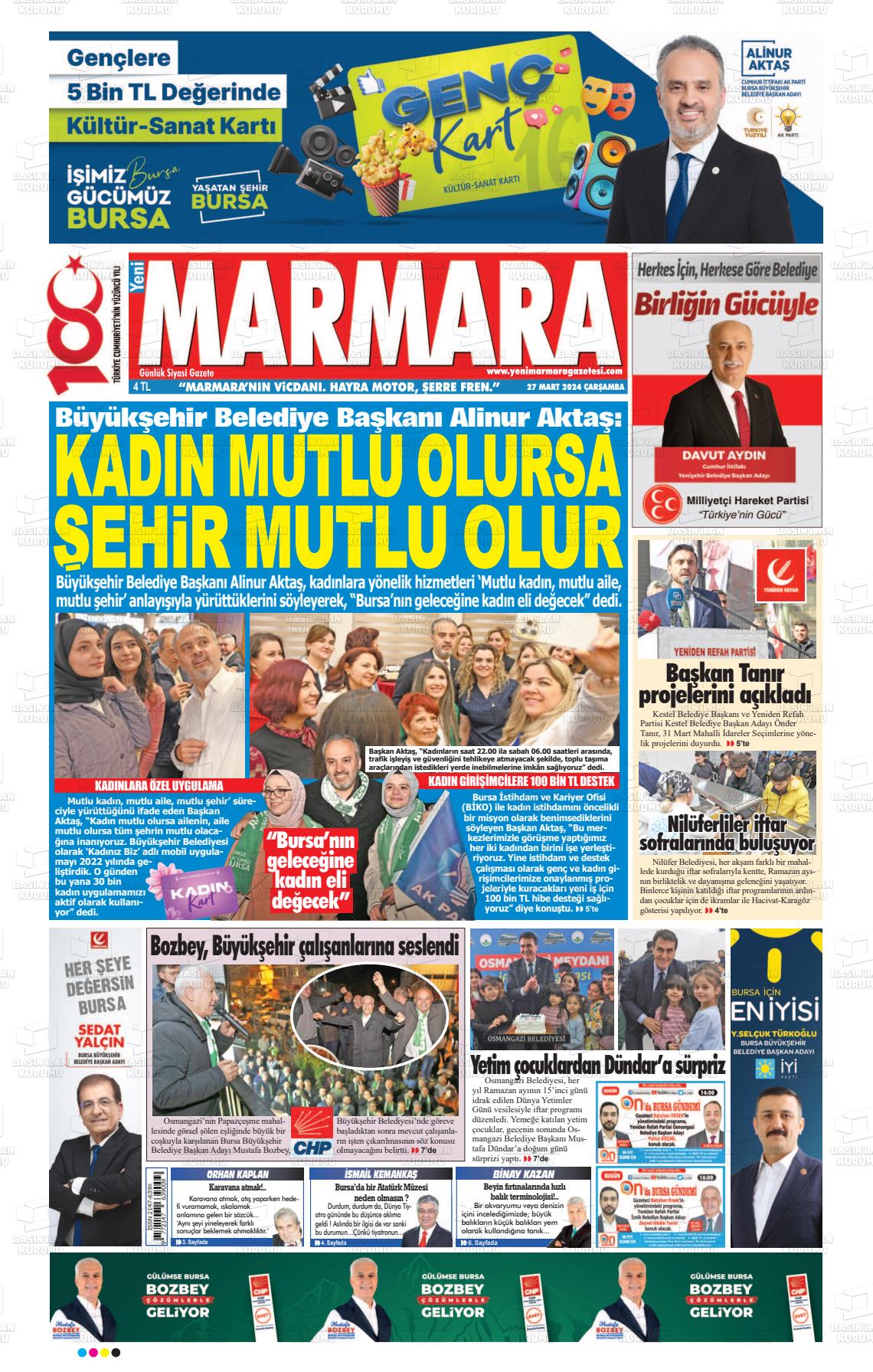 27 Mart 2024 Yeni Marmara Gazete Manşeti