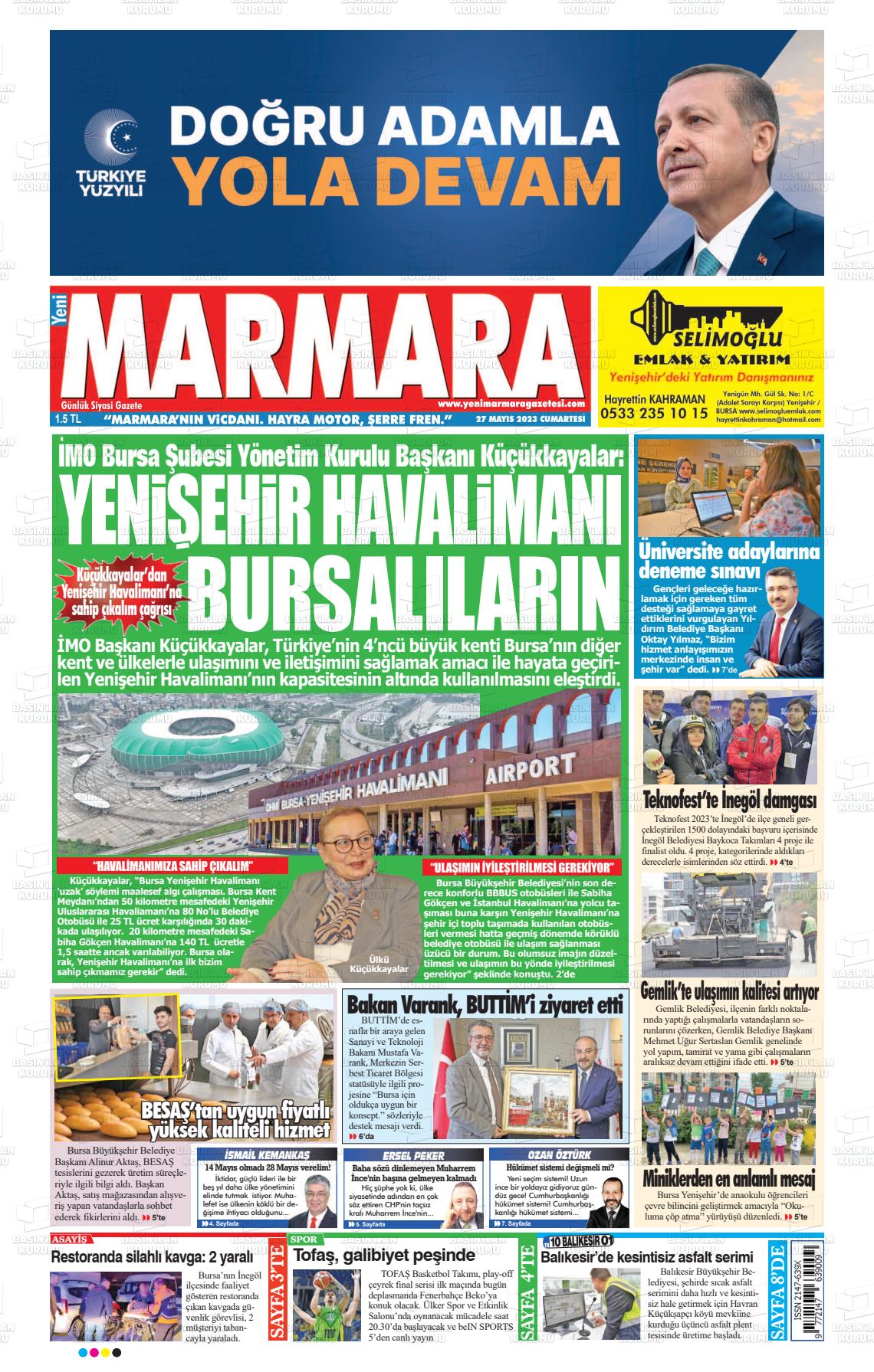 27 Mayıs 2023 Yeni Marmara Gazete Manşeti
