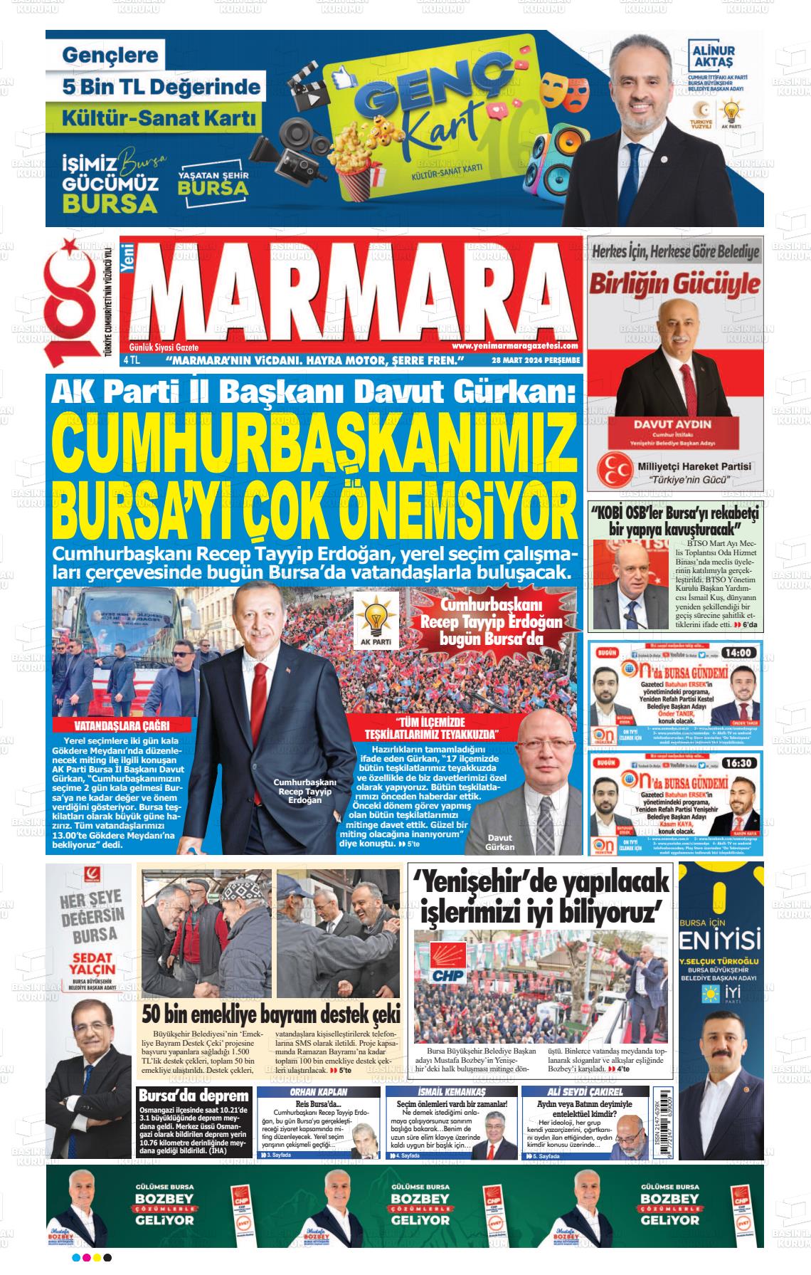 28 Mart 2024 Yeni Marmara Gazete Manşeti