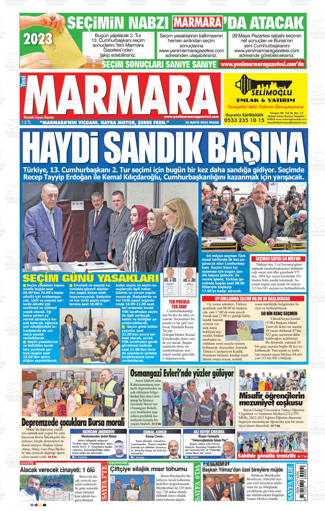 28 Mayıs 2023 Yeni Marmara Gazete Manşeti