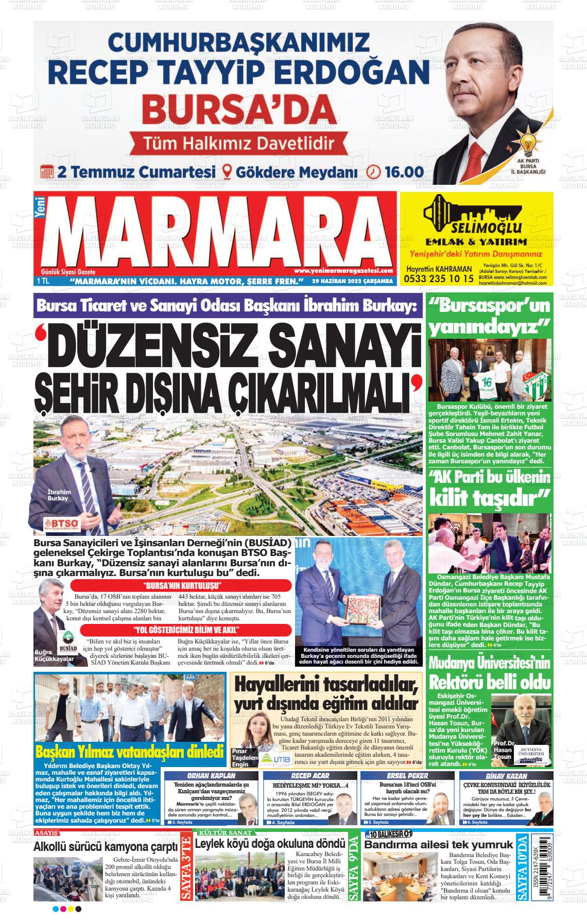 29 Haziran 2022 Yeni Marmara Gazete Manşeti