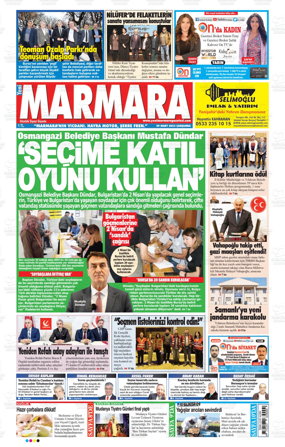 29 Mart 2023 Yeni Marmara Gazete Manşeti