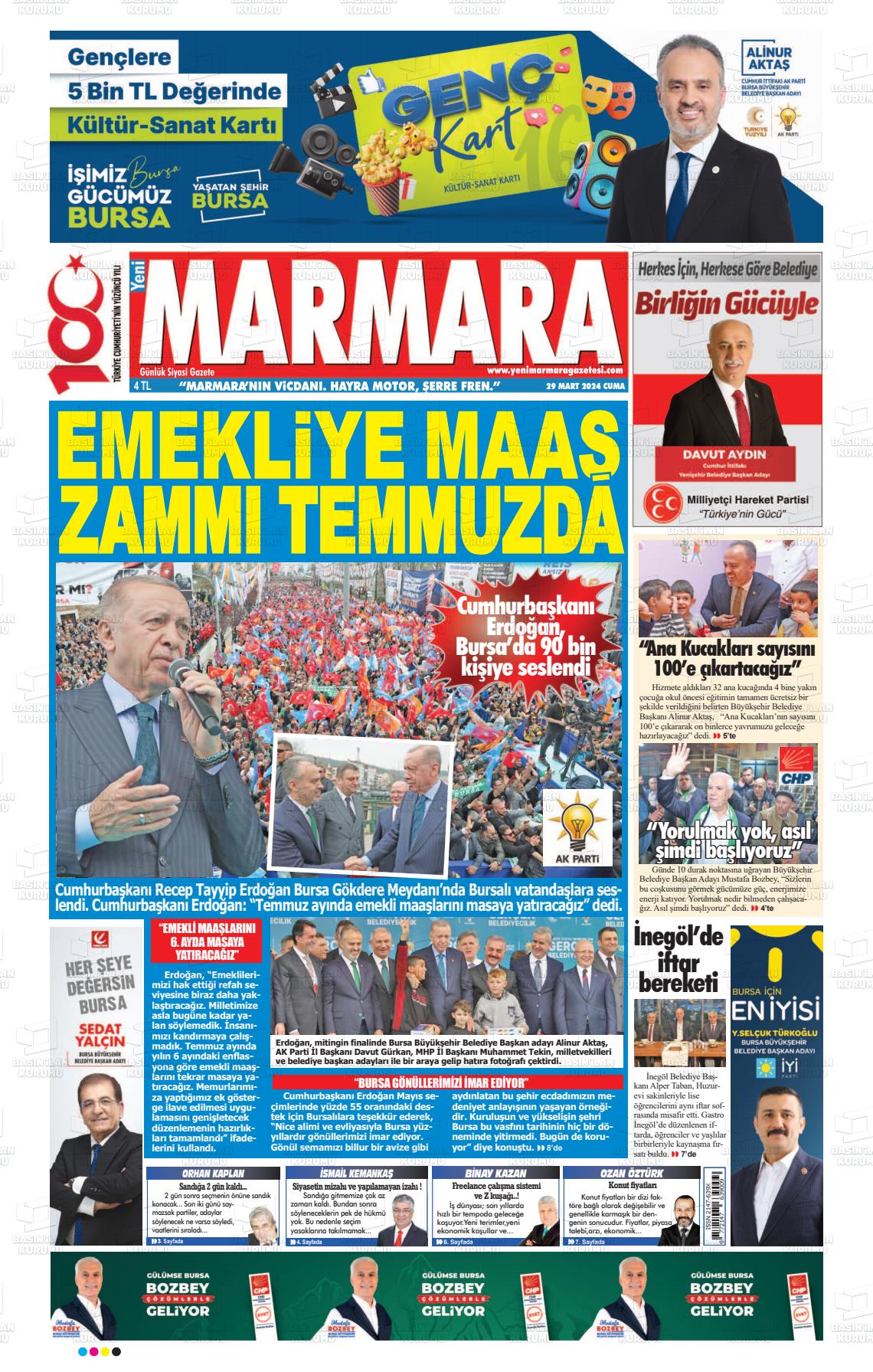 29 Mart 2024 Yeni Marmara Gazete Manşeti
