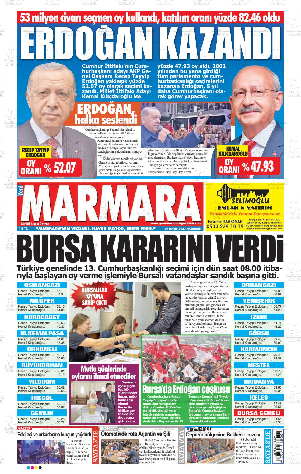 29 Mayıs 2023 Yeni Marmara Gazete Manşeti